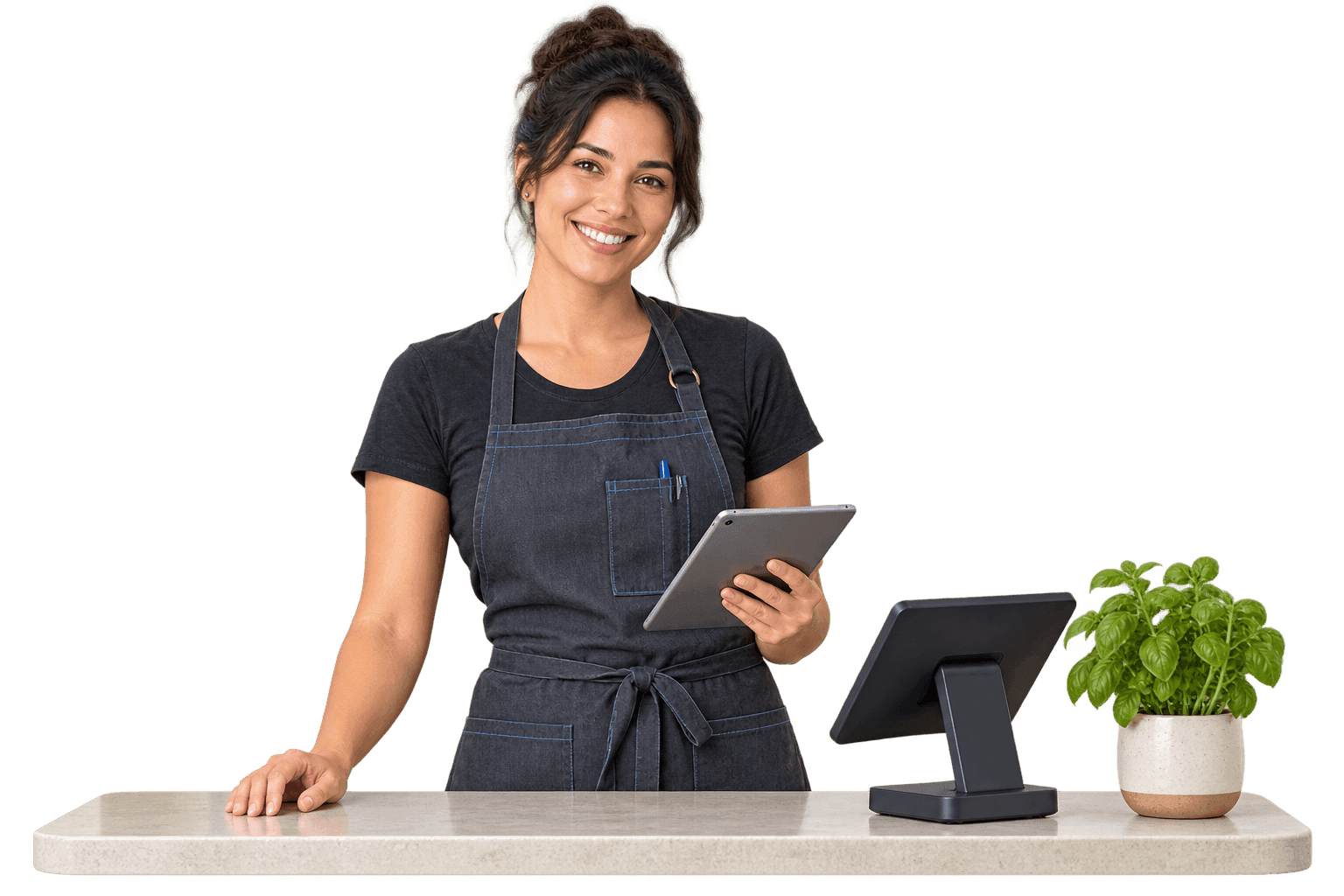 Restaurant owner holding a tablet beside a point-of-sale terminal