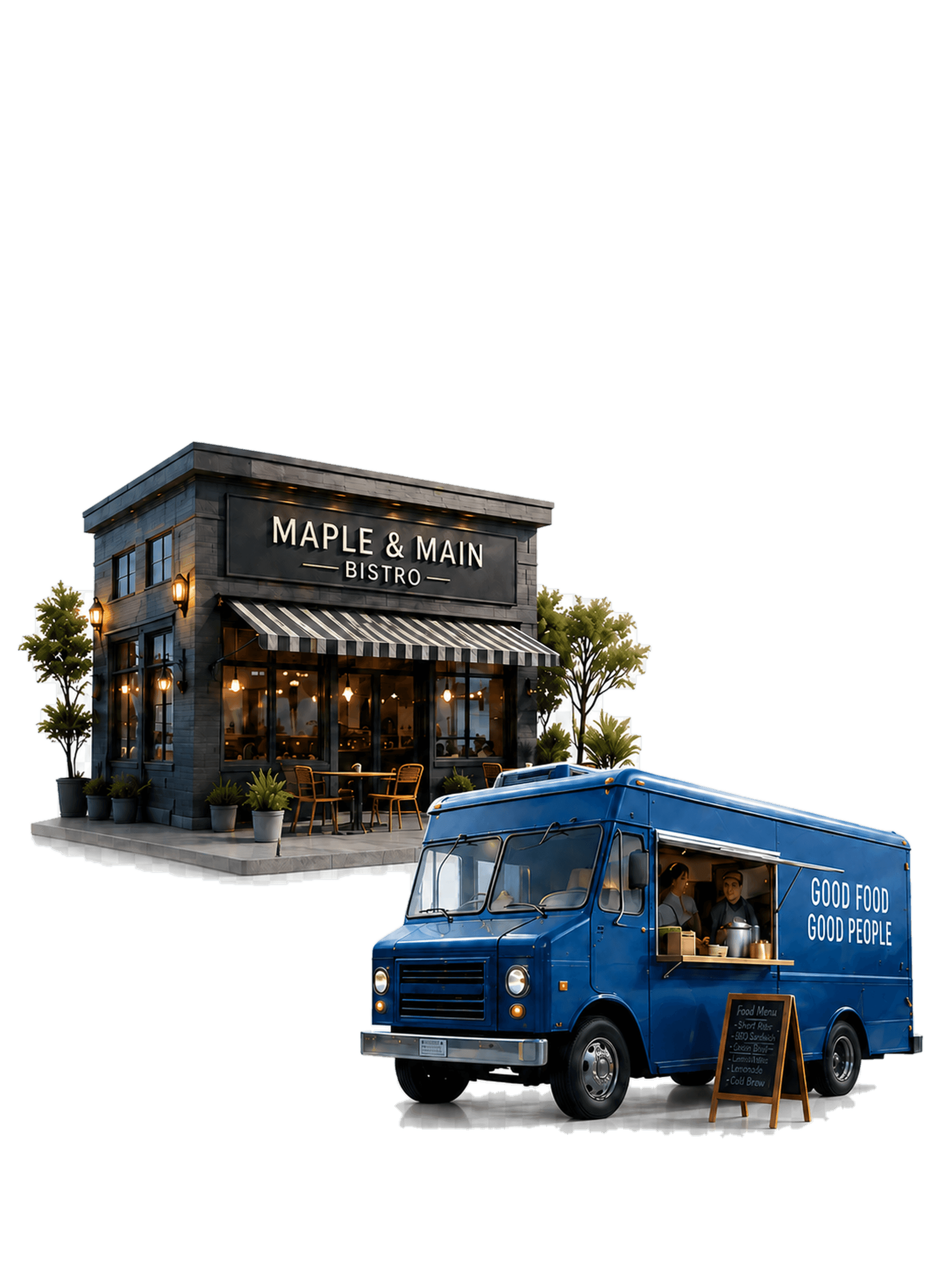 A neighborhood bistro and a blue food truck