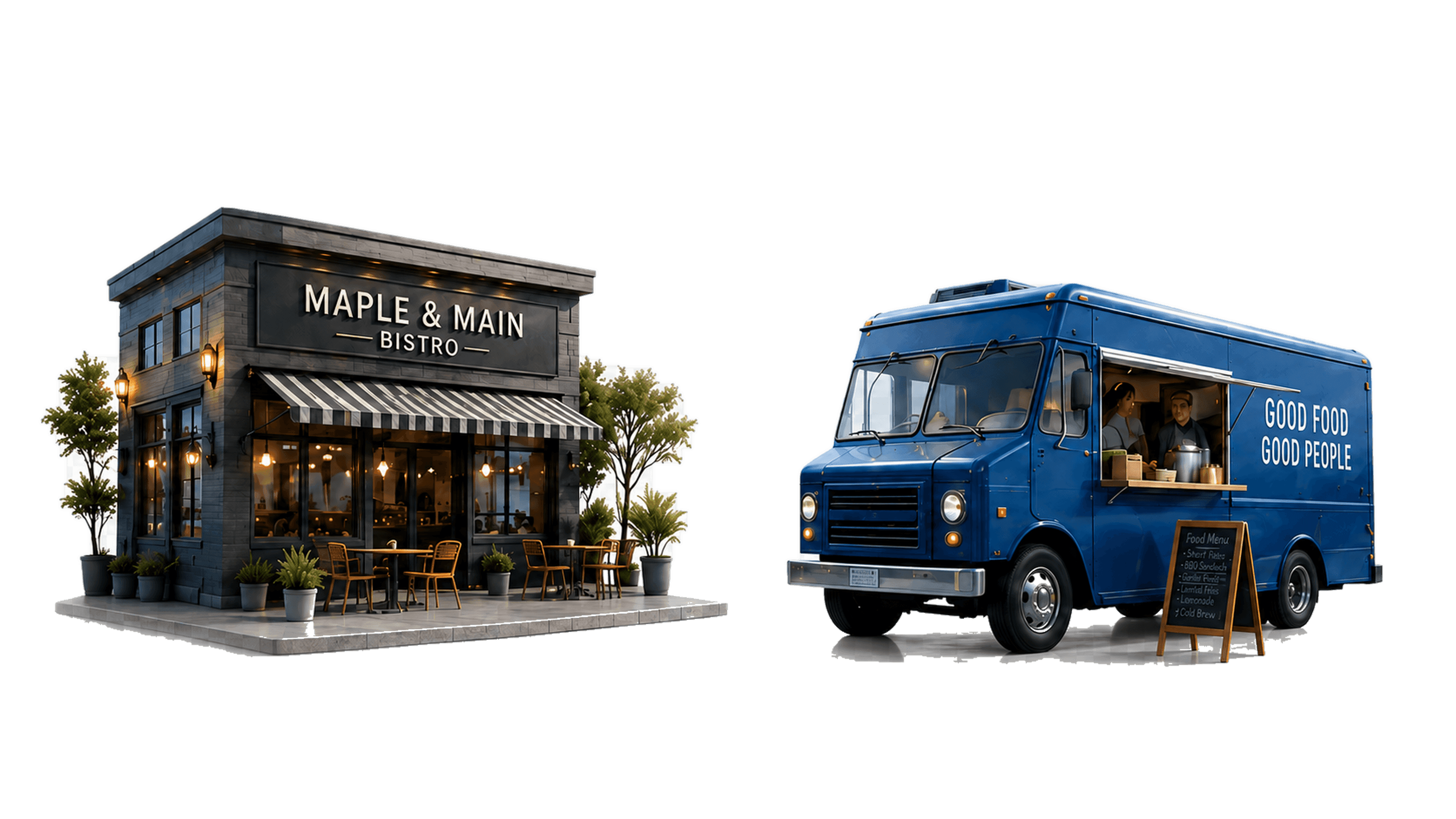 A neighborhood bistro and a blue food truck