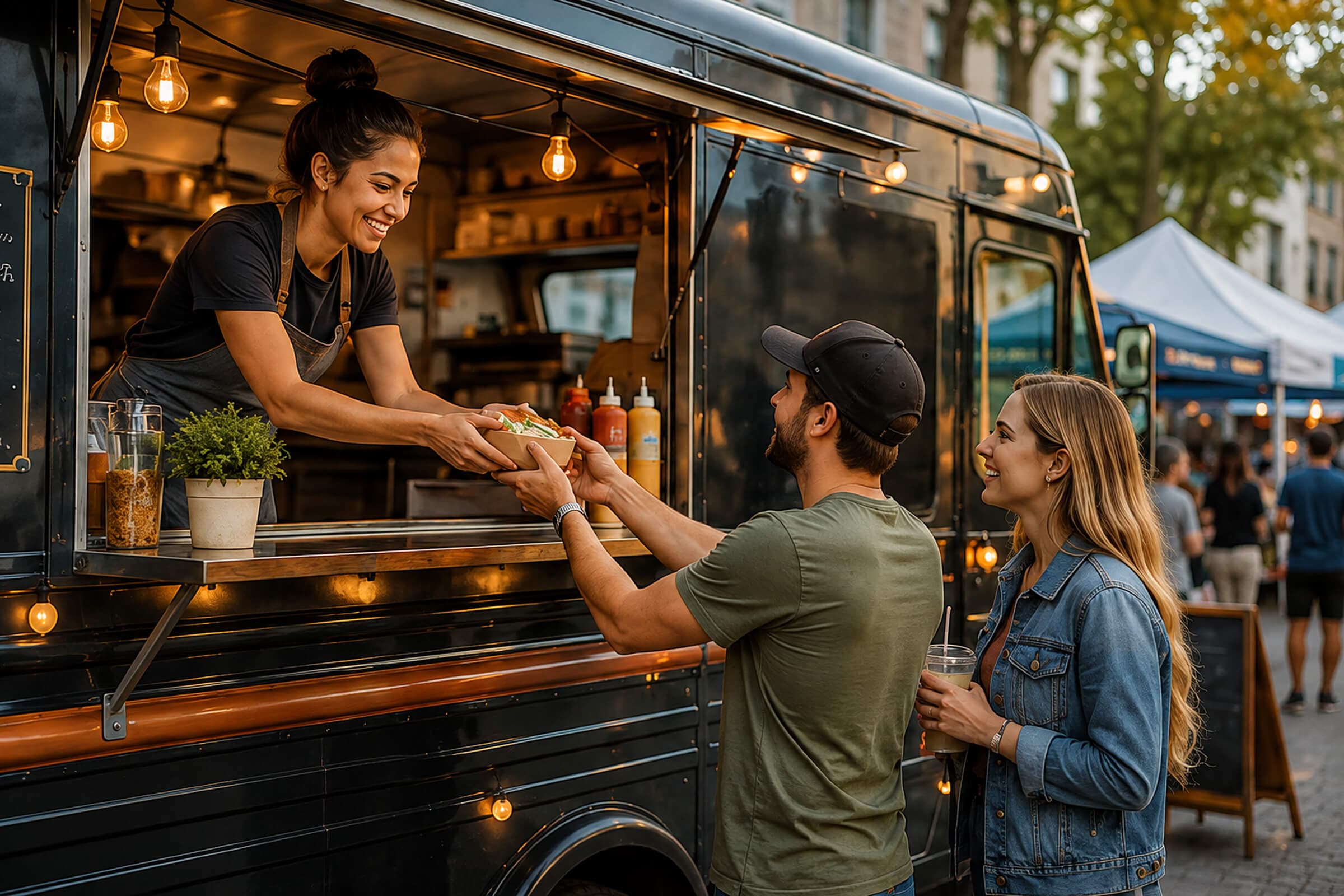 Food truck owner serving customers