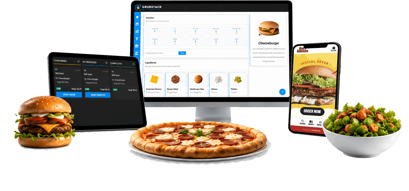GrubStack dashboard, order terminal, mobile storefront, burger, pizza and salad