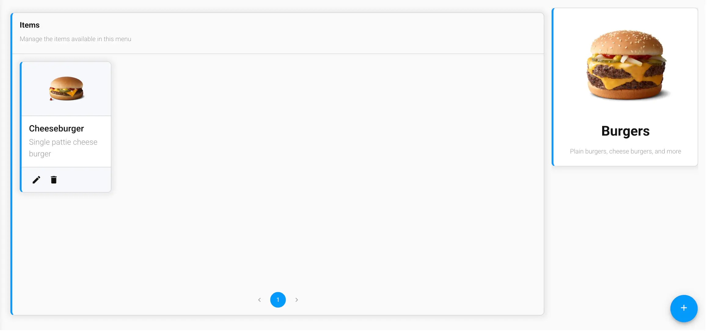 The Build a Menu screen in the GrubStack Core dashboard, showing the Items card for a Burgers menu