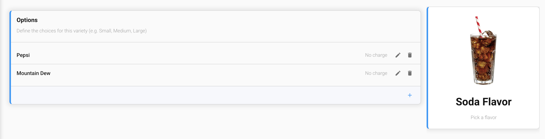 The Build a Variety screen in the GrubStack Core dashboard, showing the Options card for a Soda Flavor variety