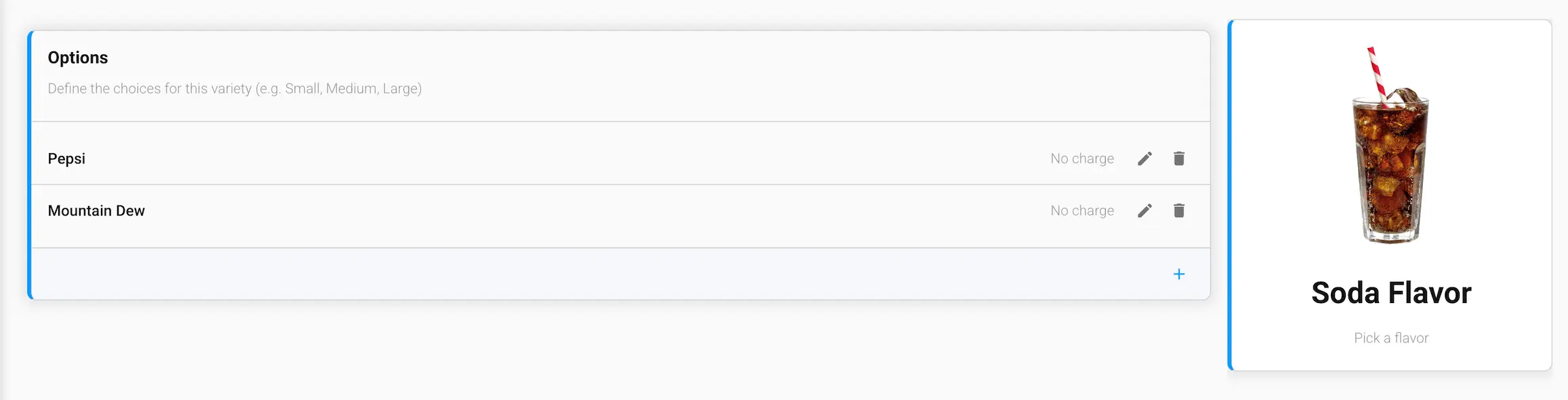 The Build a Variety screen in the GrubStack Core dashboard, showing the Options card for a Soda Flavor variety