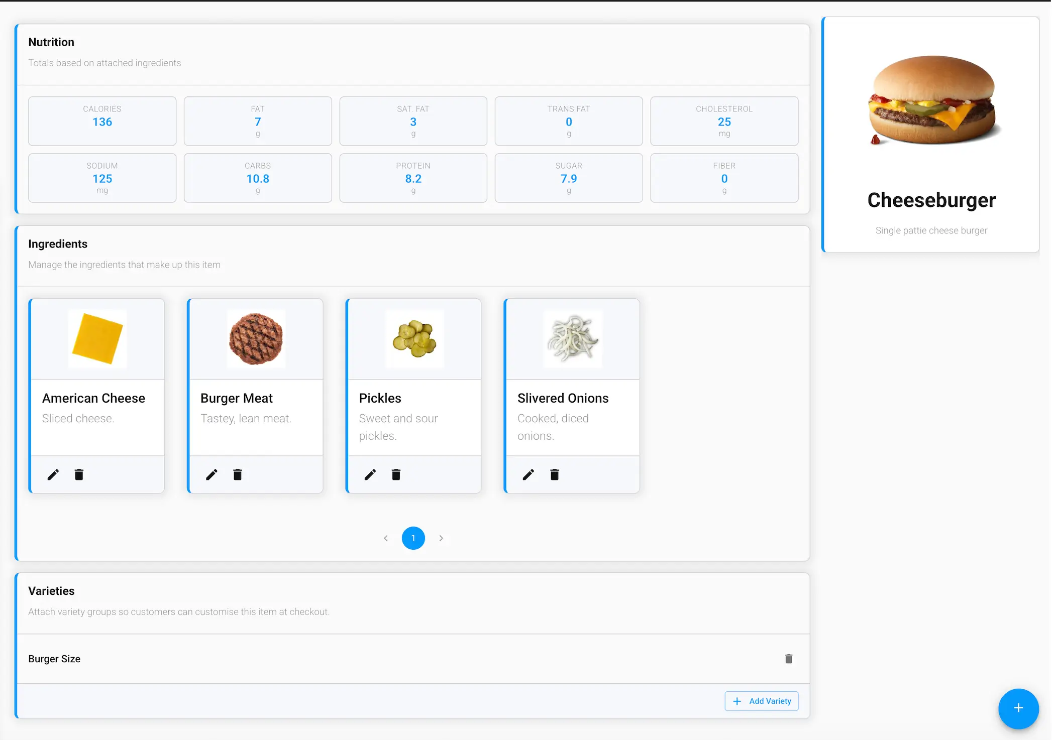 The Build an Item screen in the GrubStack Core dashboard, showing the Nutrition, Ingredients, and Varieties cards for a Cheeseburger