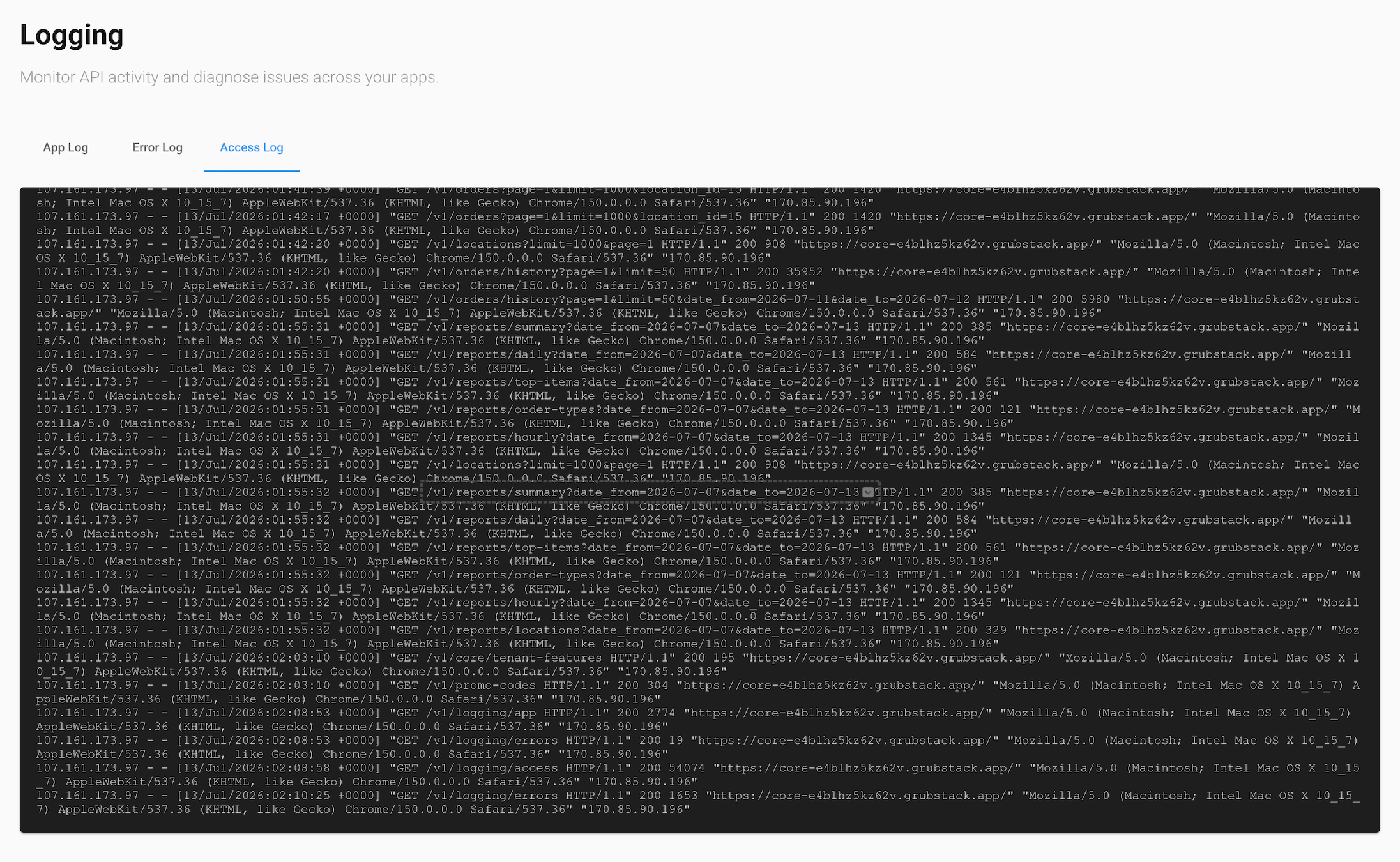 The Access Log tab in the GrubStack Core dashboard, showing a live stream of raw HTTP access log lines