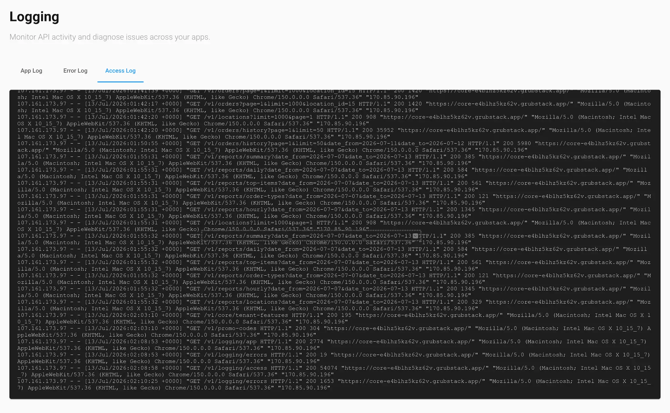 The Access Log tab in the GrubStack Core dashboard, showing a live stream of raw HTTP access log lines