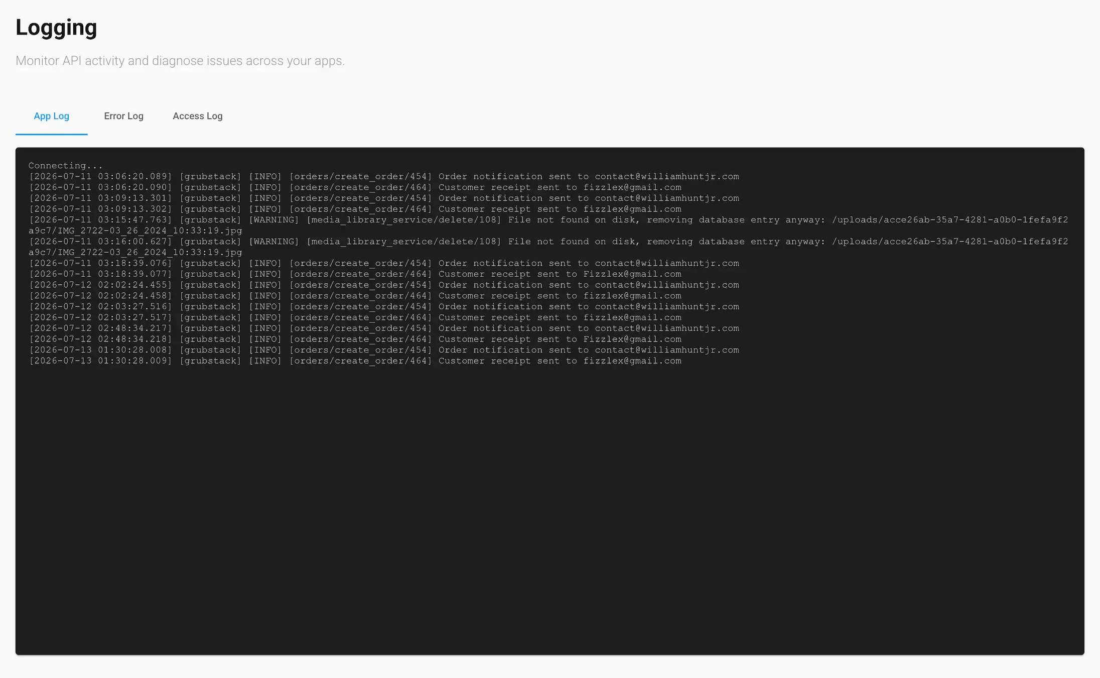 The App Log tab in the GrubStack Core dashboard, showing a live stream of application activity