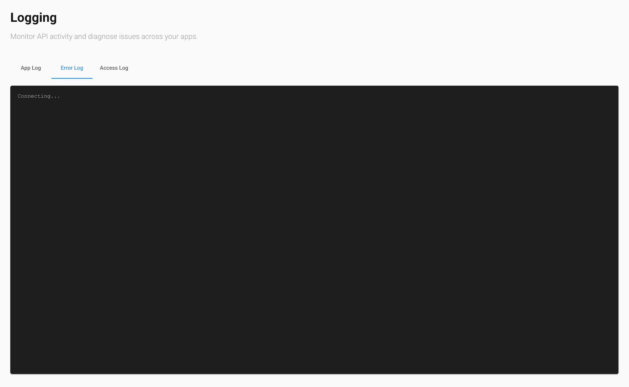 The Error Log tab in the GrubStack Core dashboard, showing an empty live stream awaiting errors