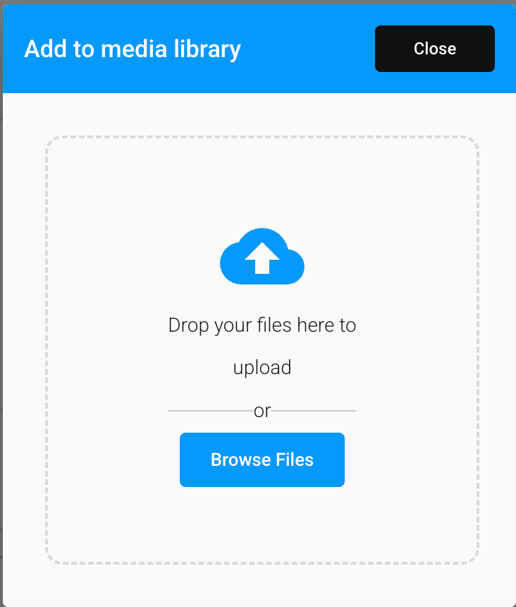 The Add to media library upload dialog in the GrubStack Core dashboard, showing the drag-and-drop drop zone and Browse Files button