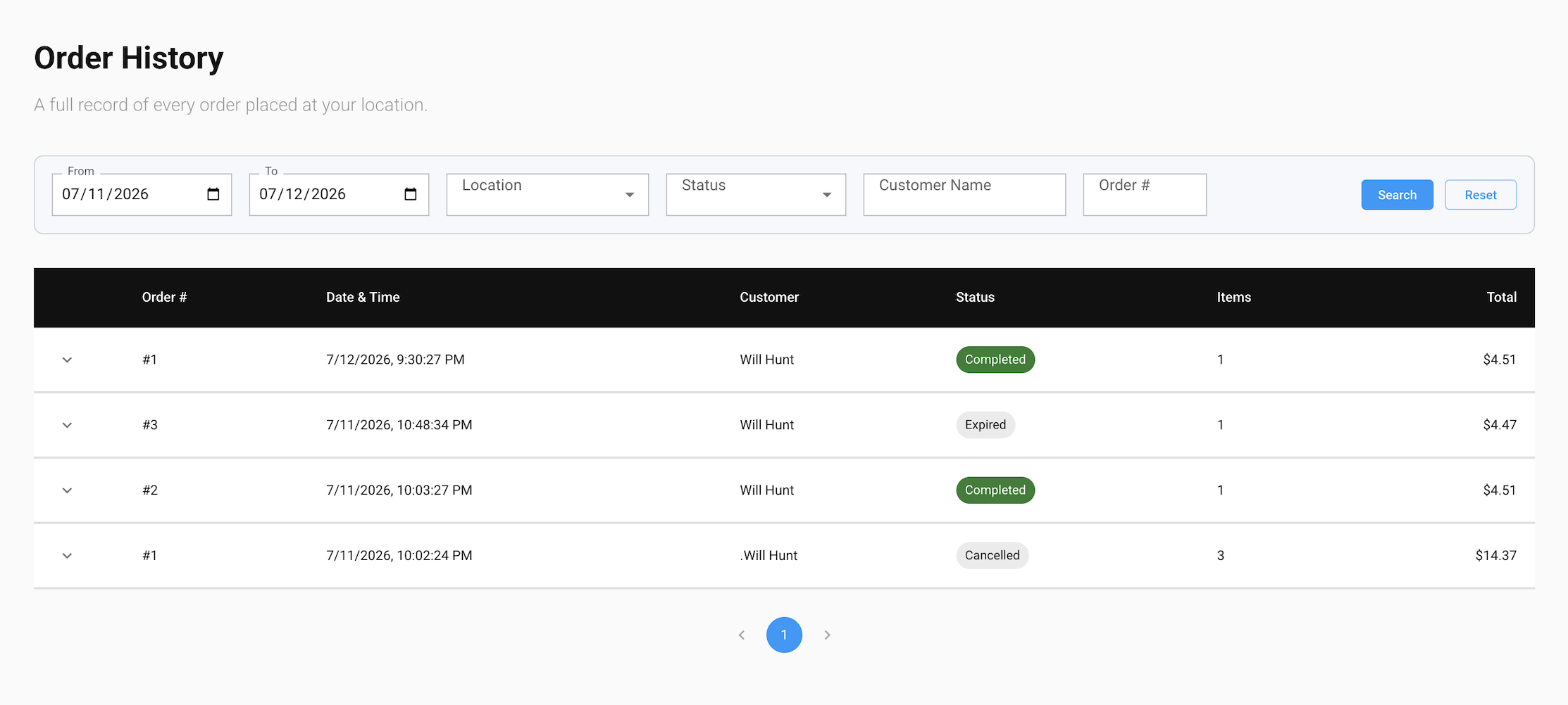 The Order History screen in the GrubStack Core dashboard, showing the filter bar and a table of past orders