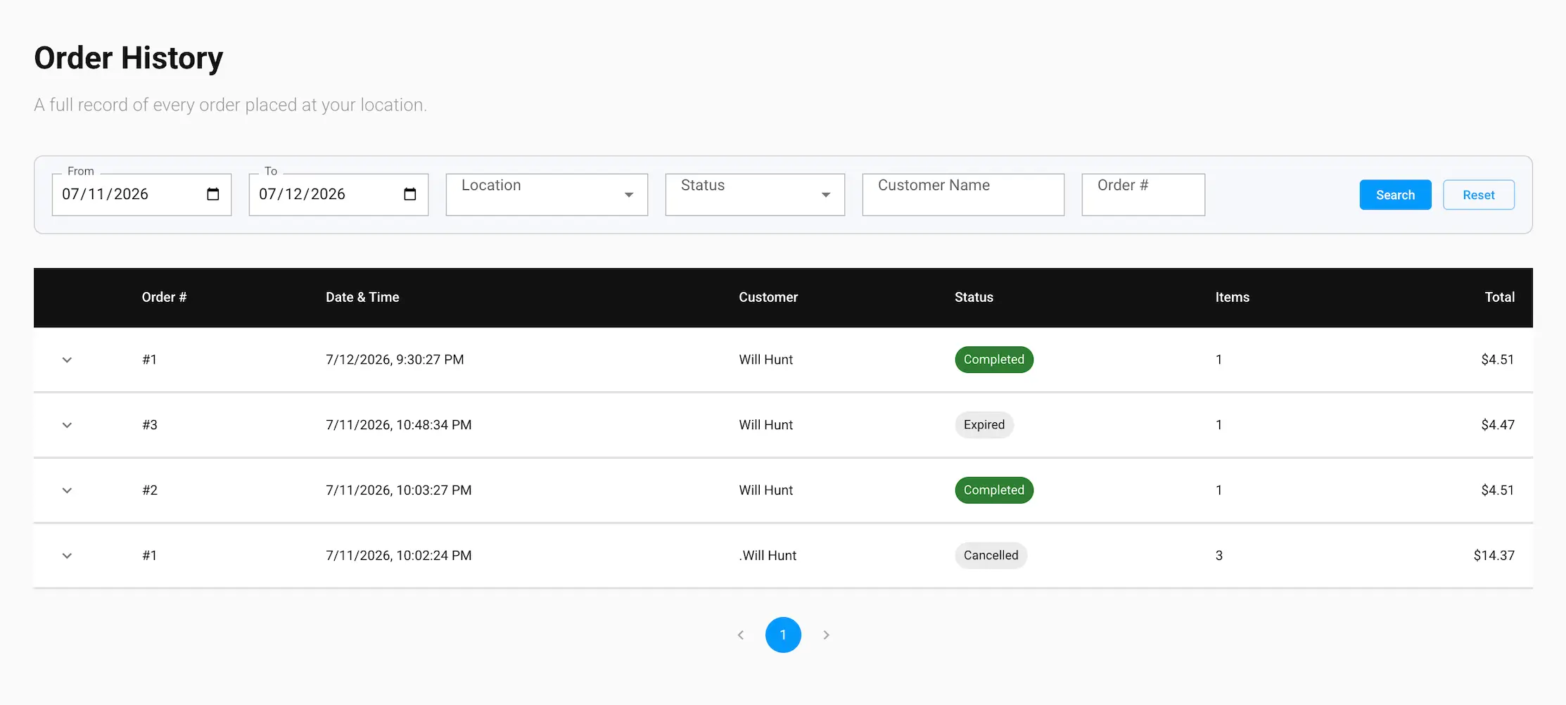The Order History screen in the GrubStack Core dashboard, showing the filter bar and a table of past orders