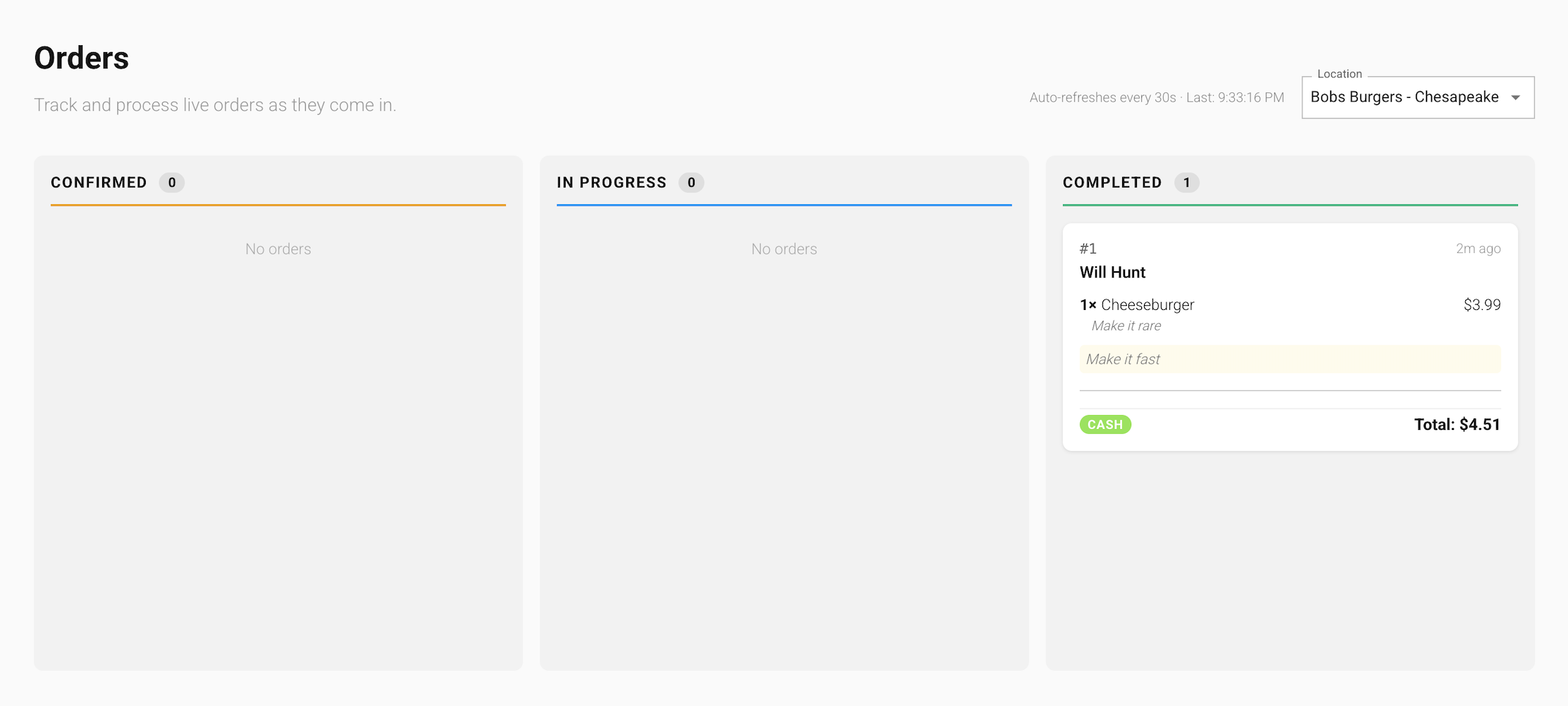 The Completed column on the Orders board in the GrubStack Core dashboard, showing a fulfilled order