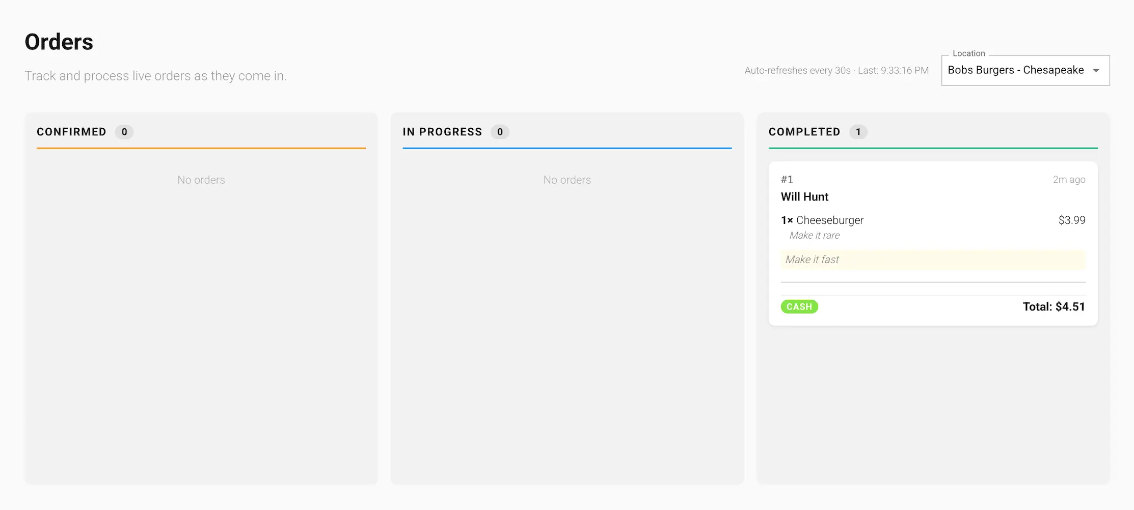 The Completed column on the Orders board in the GrubStack Core dashboard, showing a fulfilled order