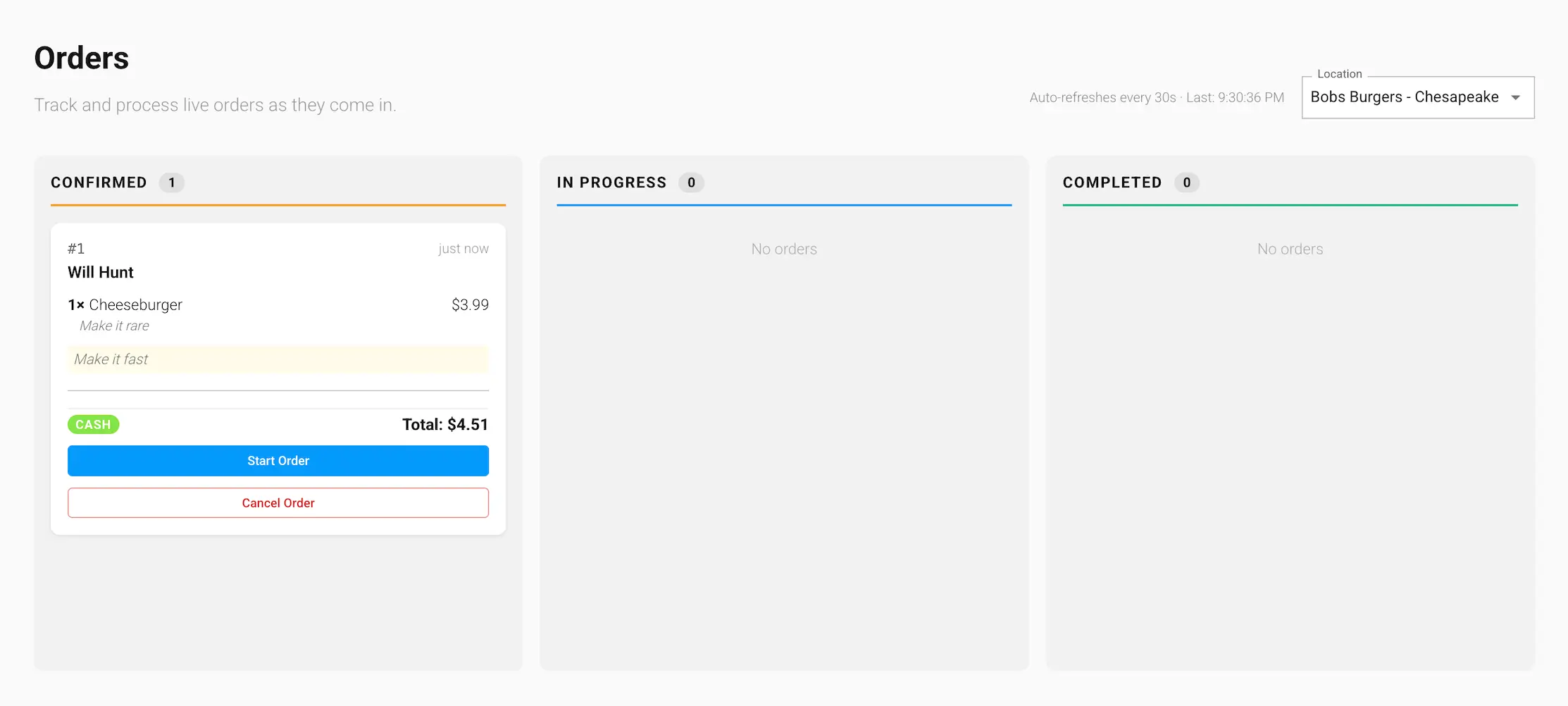 The Confirmed column on the Orders board in the GrubStack Core dashboard, showing a new cash order