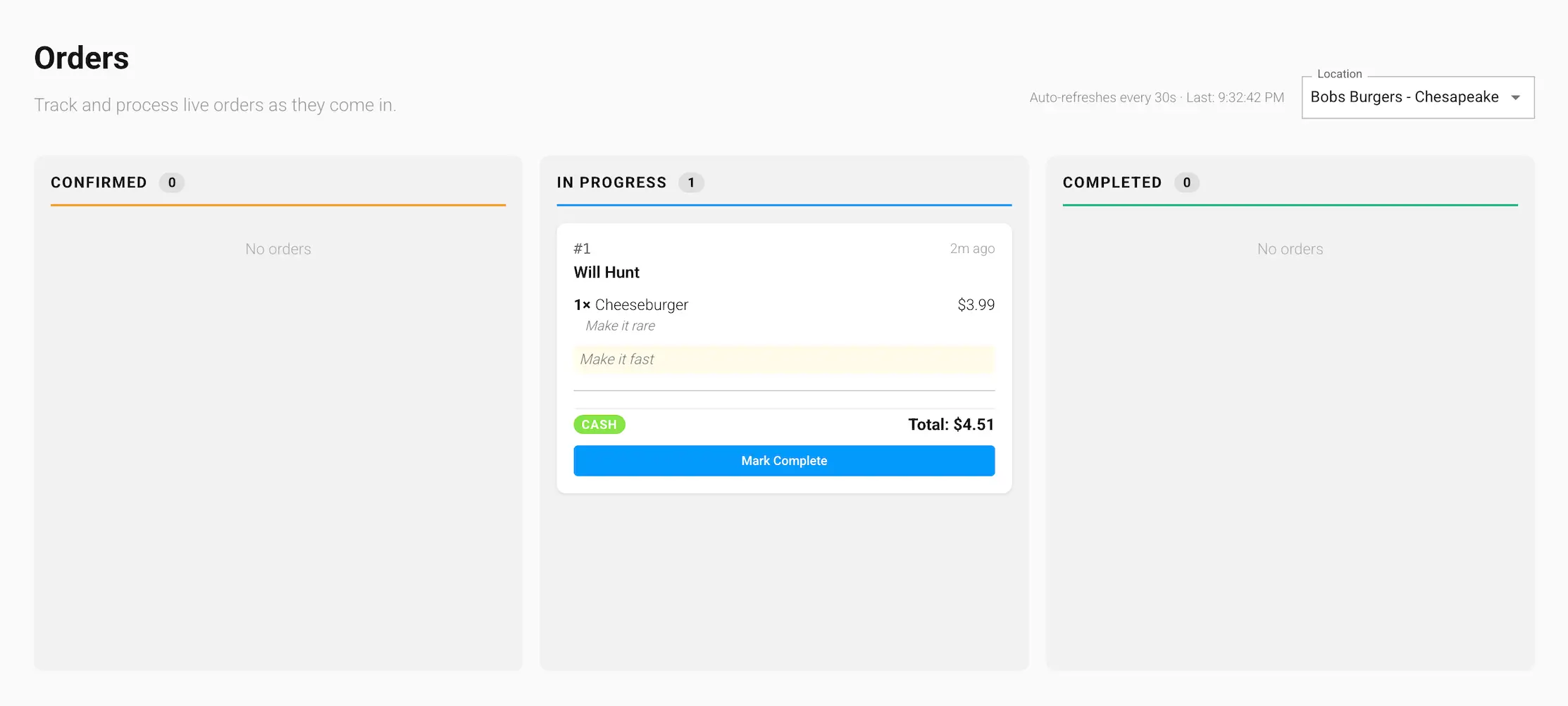 The In Progress column on the Orders board in the GrubStack Core dashboard, showing an order being prepared