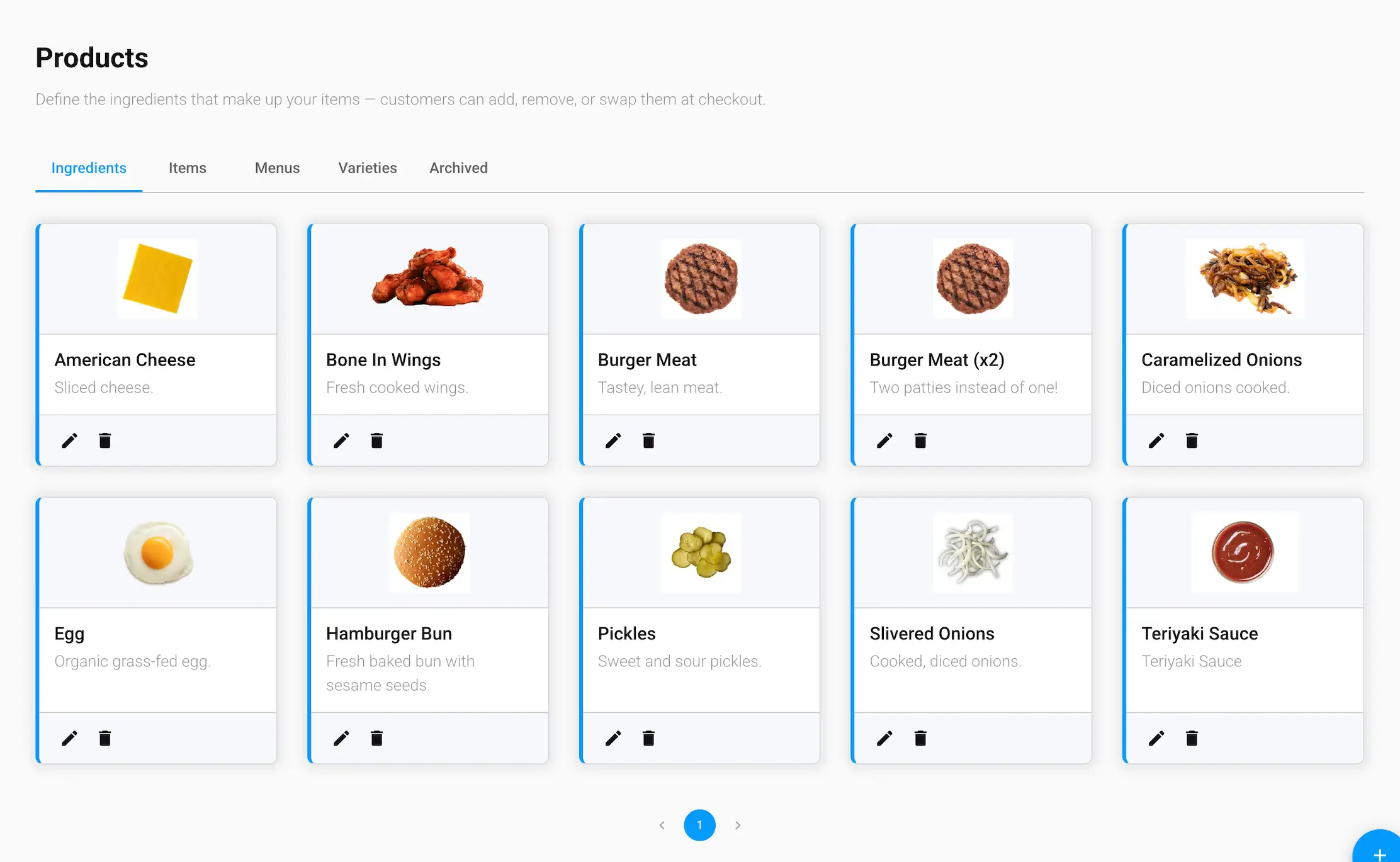 The Ingredients tab of the Products screen in the GrubStack Core dashboard