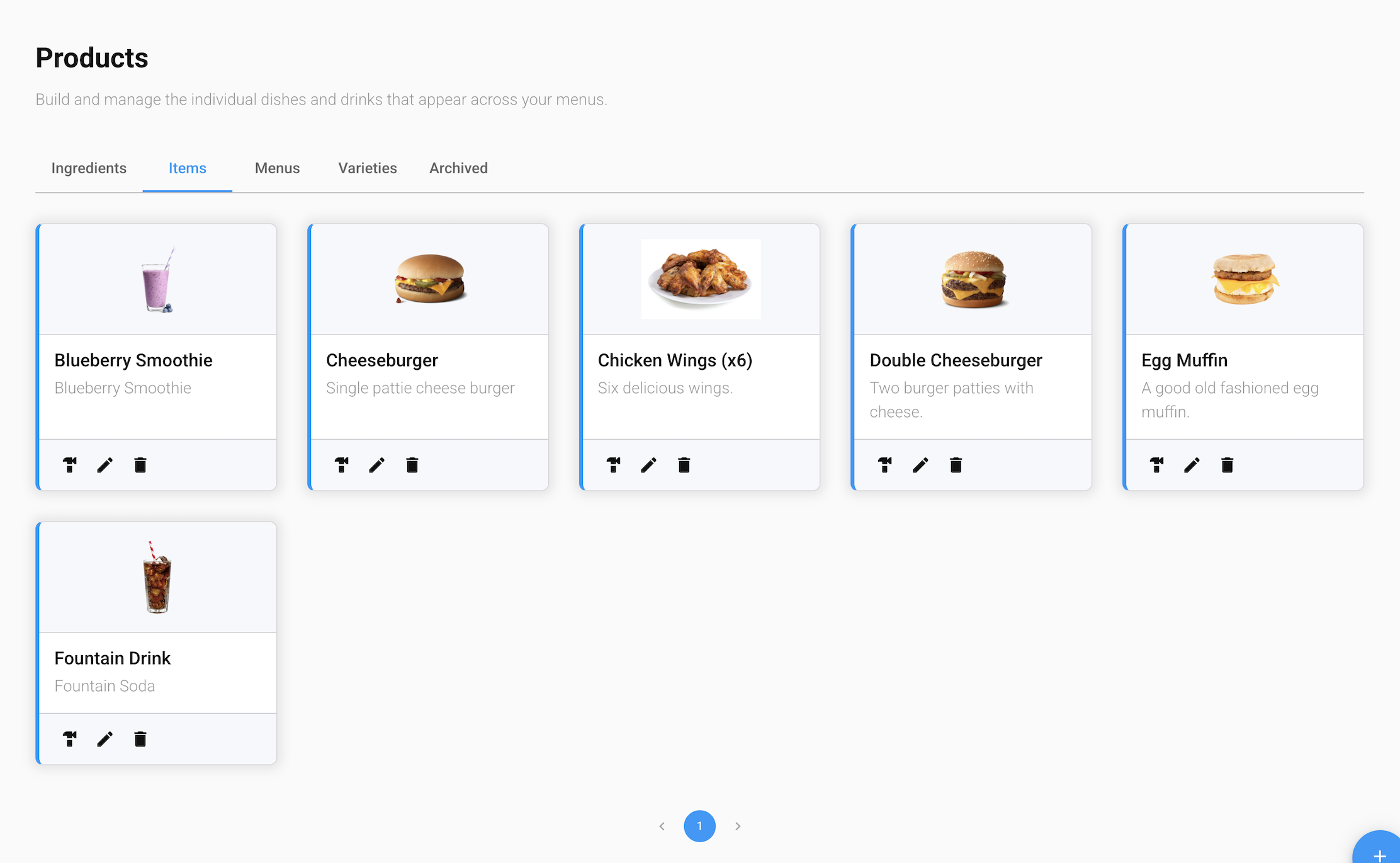 The Items tab of the Products screen in the GrubStack Core dashboard