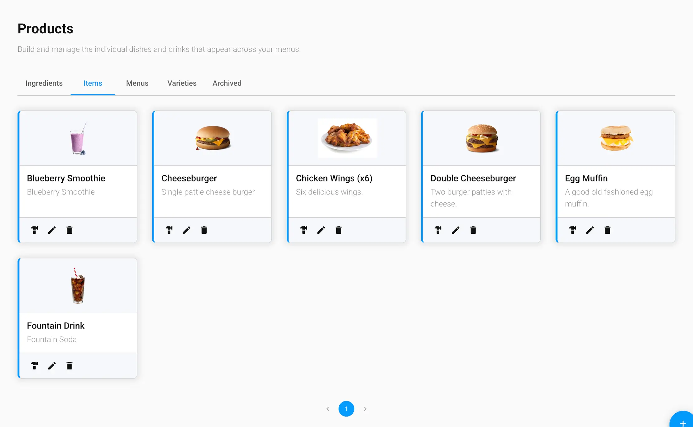 The Items tab of the Products screen in the GrubStack Core dashboard