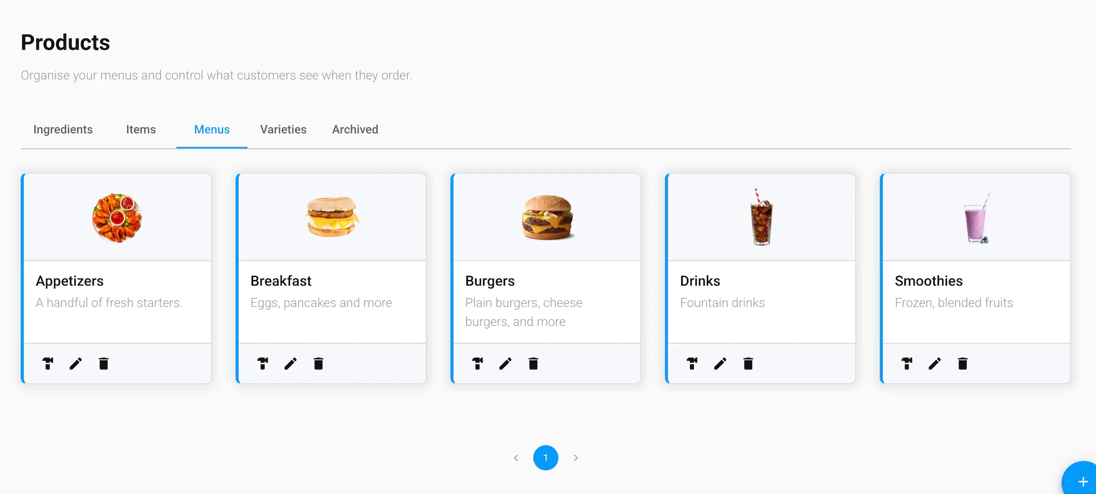 The Menus tab of the Products screen in the GrubStack Core dashboard