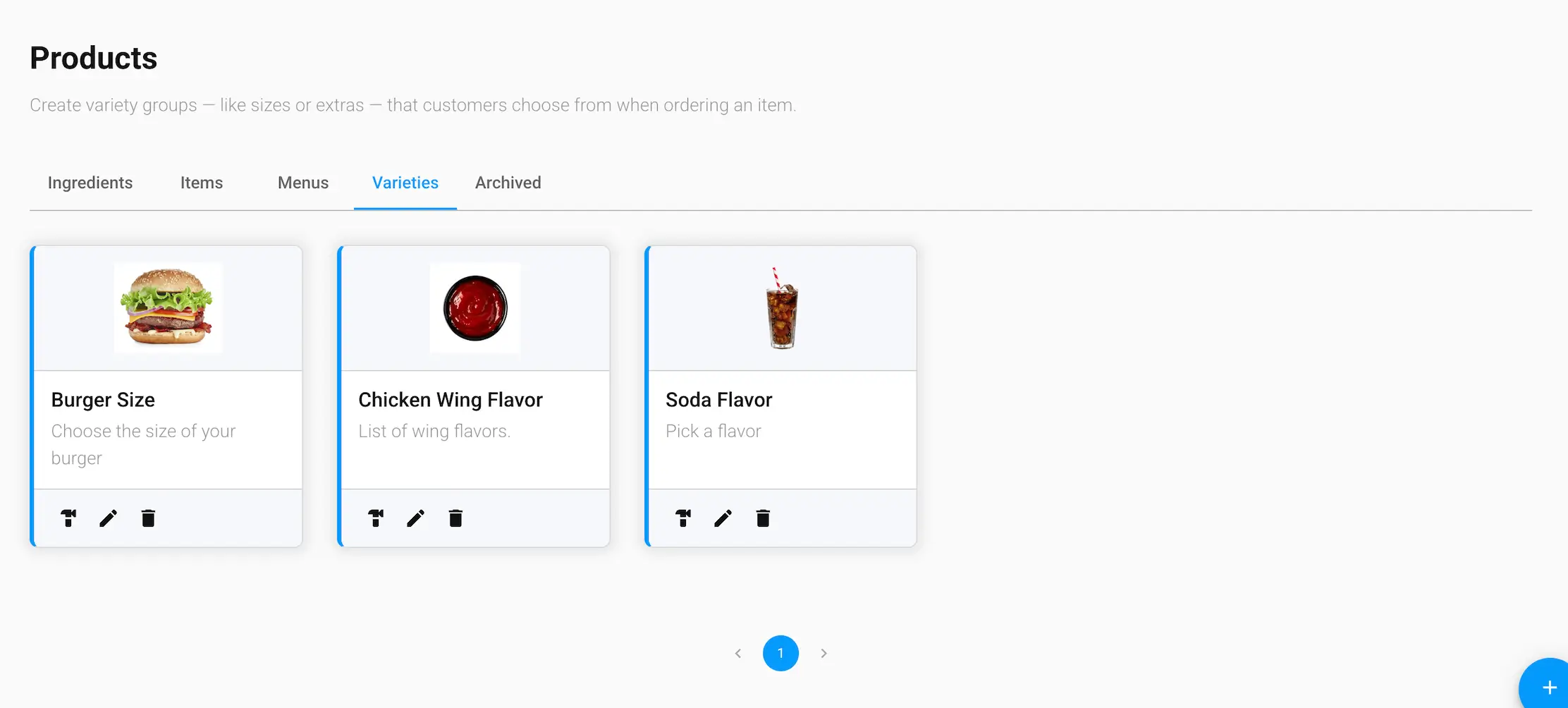 The Varieties tab of the Products screen in the GrubStack Core dashboard
