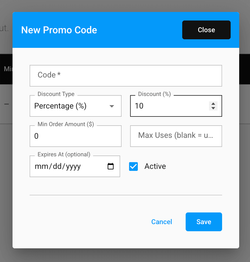 The New Promo Code dialog in the GrubStack Core dashboard, showing the code, discount, and expiration fields