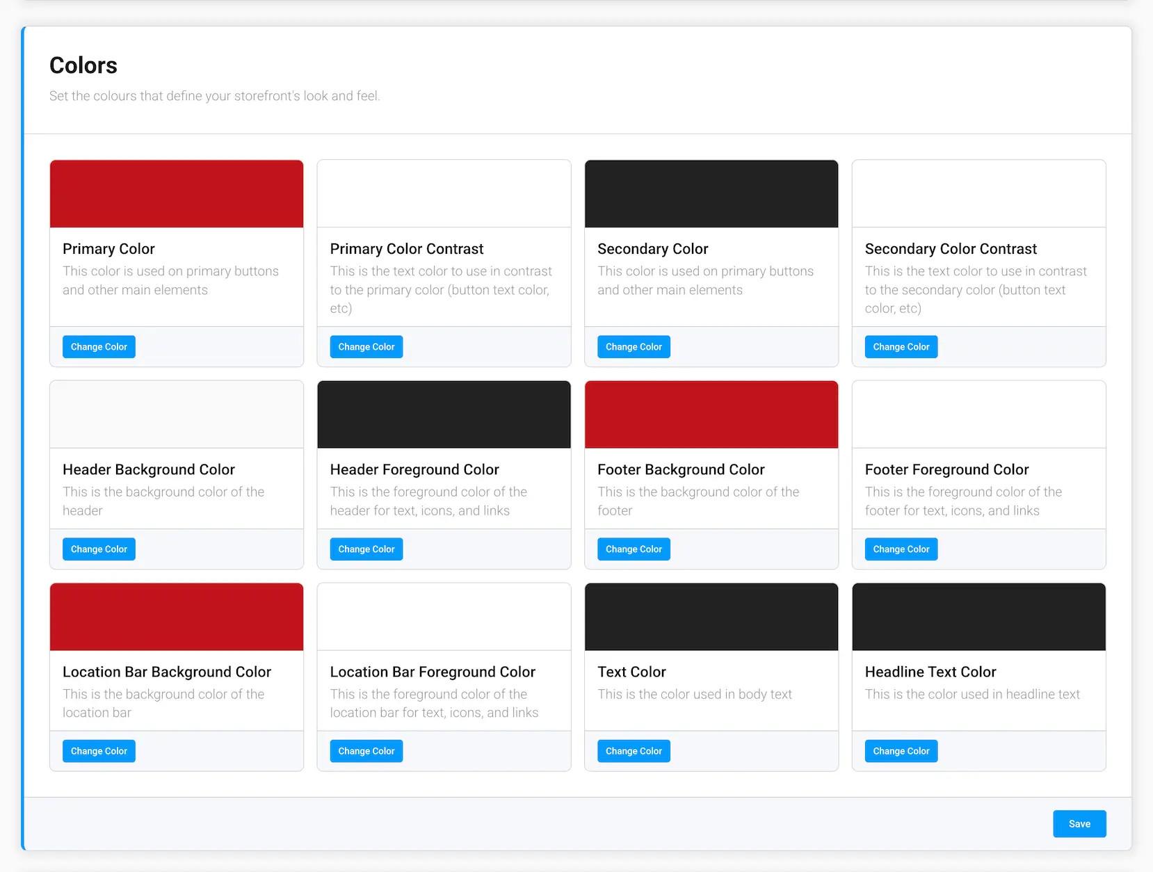 The Colors section of the Branding screen in the GrubStack Core dashboard, showing all 12 color cards