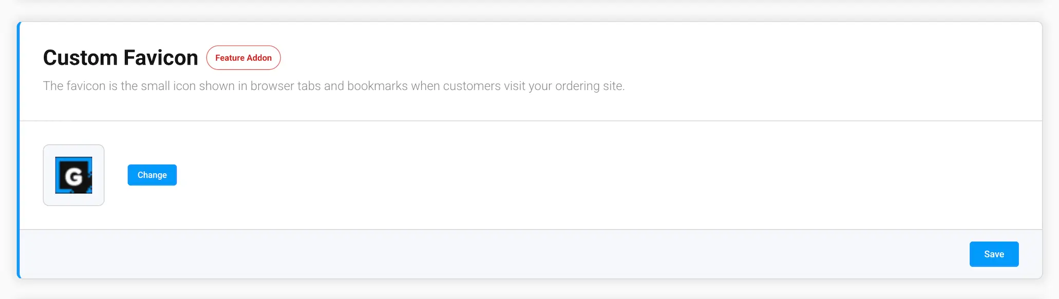 The Custom Favicon section of the Branding screen in the GrubStack Core dashboard