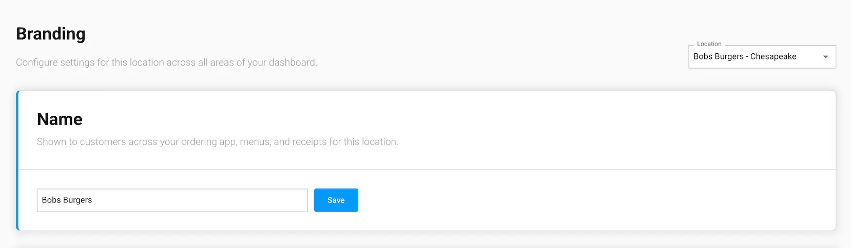 The Name section of the Branding screen in the GrubStack Core dashboard