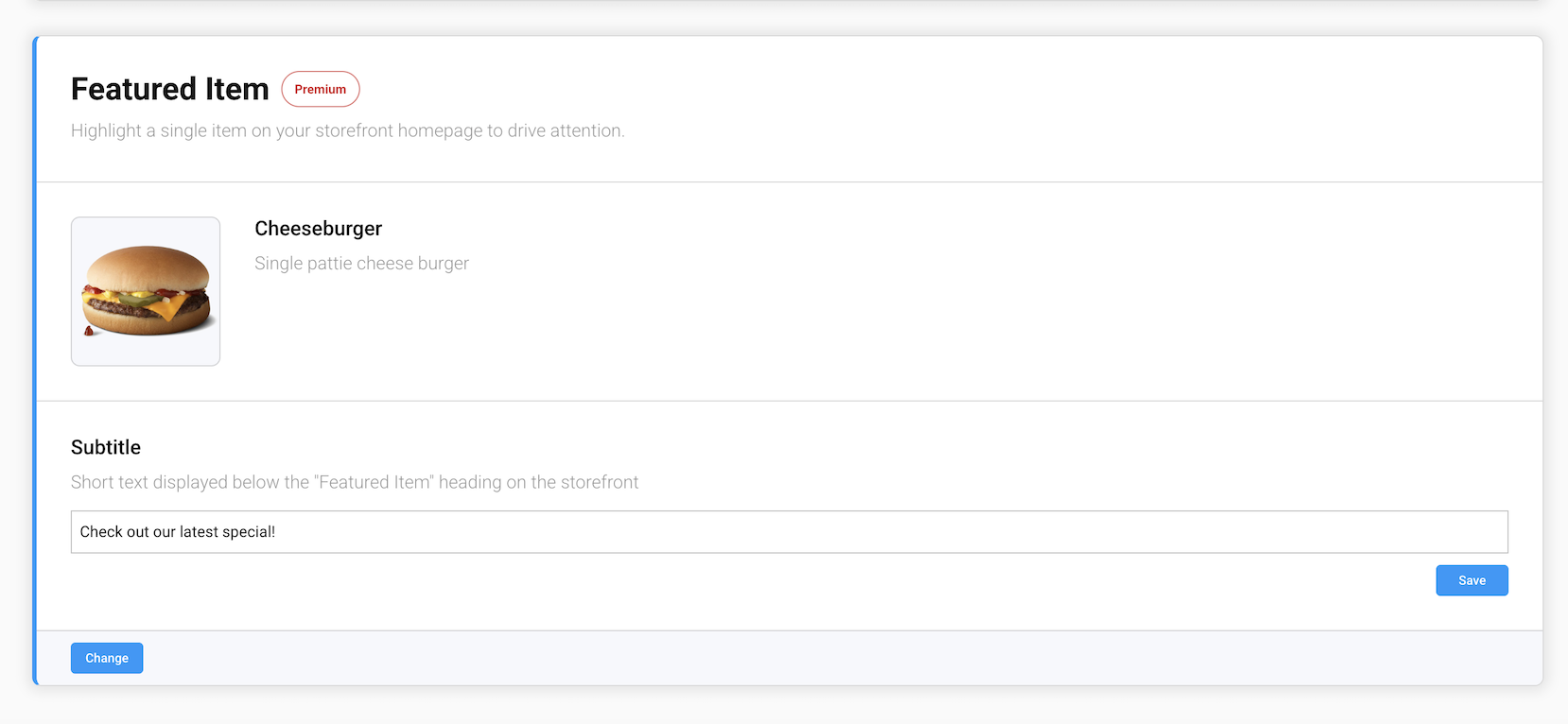 The Featured Item screen in the GrubStack Core dashboard, showing a selected item and its subtitle