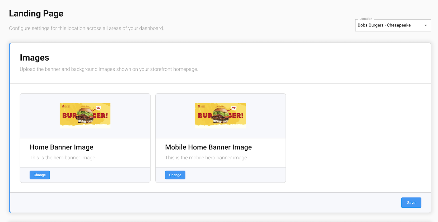 The Images section of the Landing Page screen in the GrubStack Core dashboard, showing the desktop and mobile home banner images