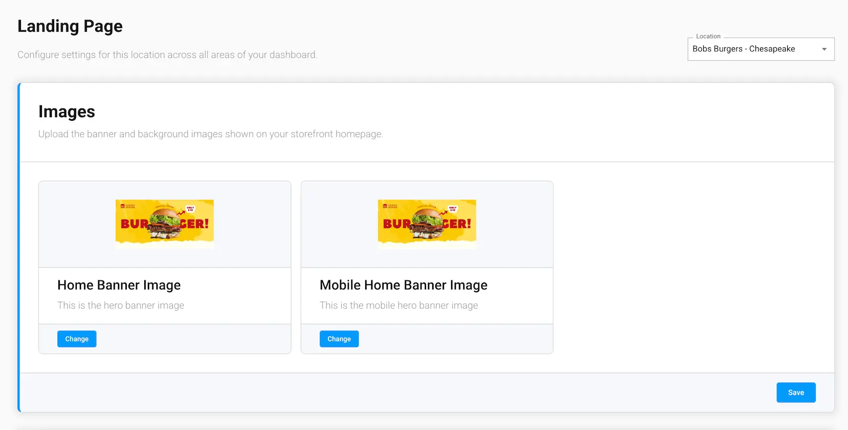 The Images section of the Landing Page screen in the GrubStack Core dashboard, showing the desktop and mobile home banner images