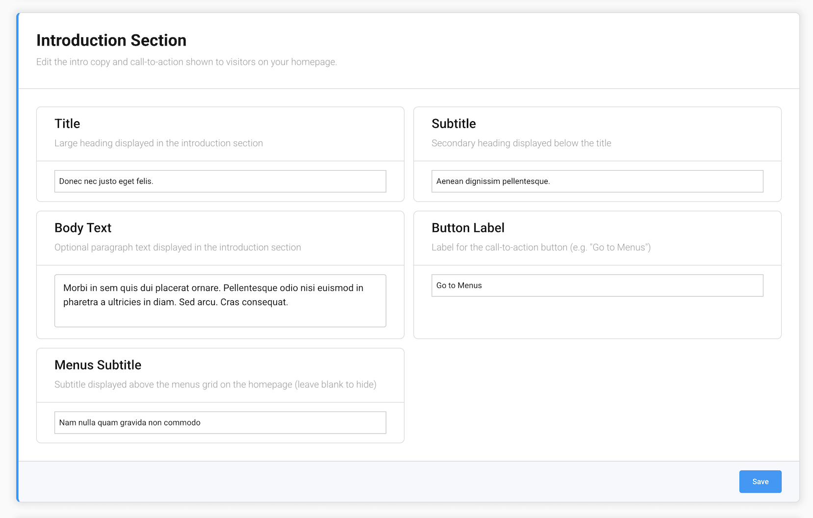 The Introduction Section screen in the GrubStack Core dashboard, showing Title, Subtitle, Body Text, Button Label, and Menus Subtitle fields