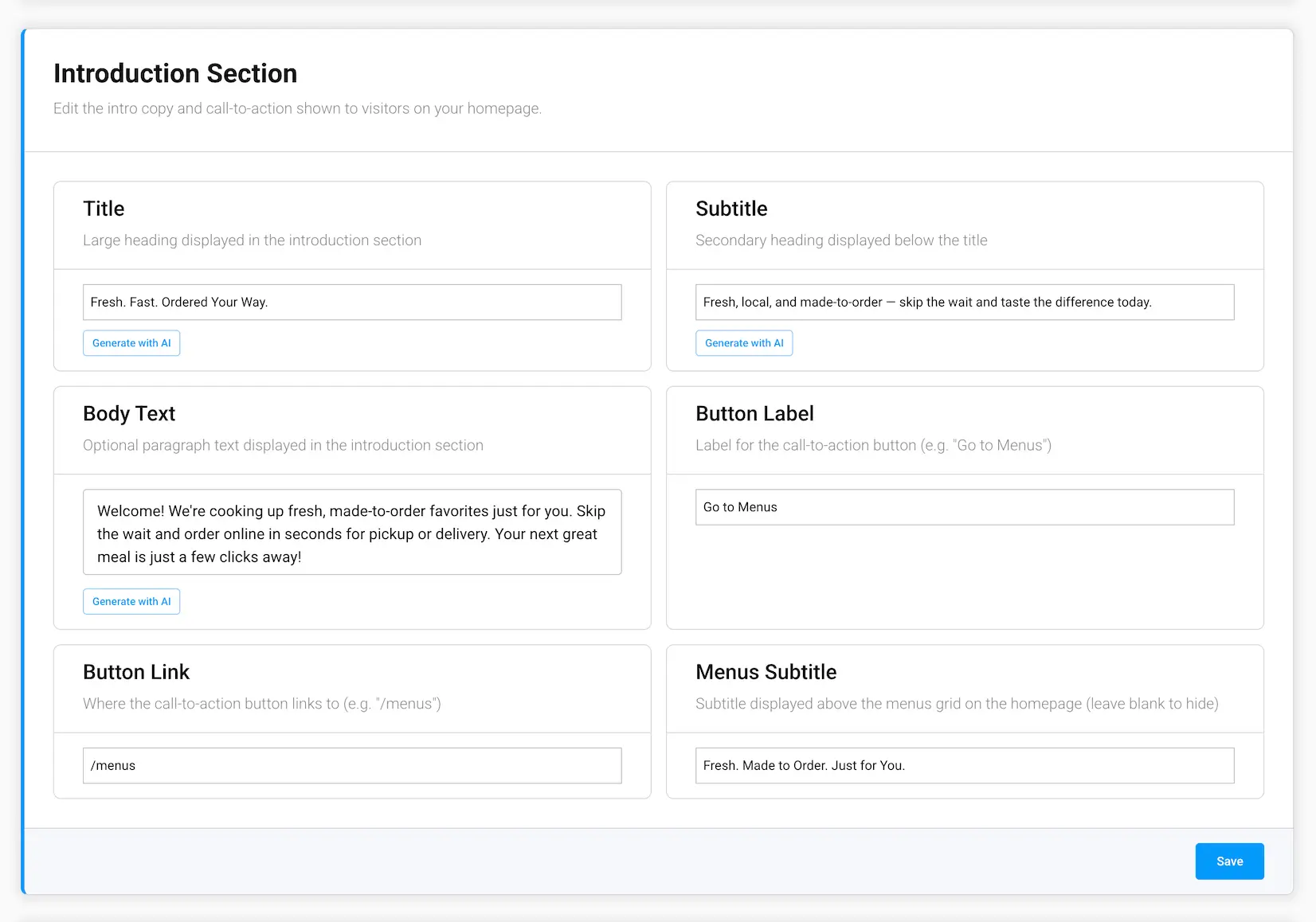 The Introduction Section screen in the GrubStack Core dashboard, showing Title, Subtitle, Body Text, Button Label, and Menus Subtitle fields