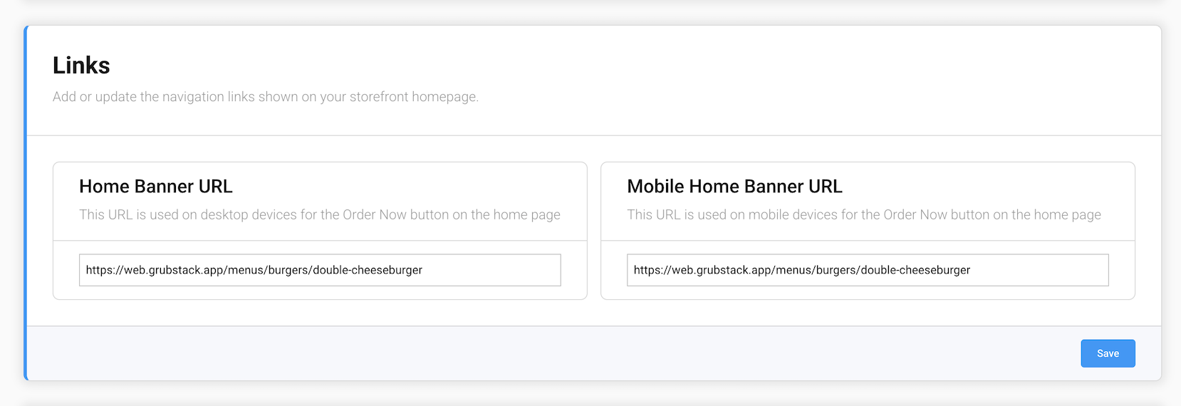 The Links section of the Landing Page screen in the GrubStack Core dashboard, showing the desktop and mobile home banner URLs