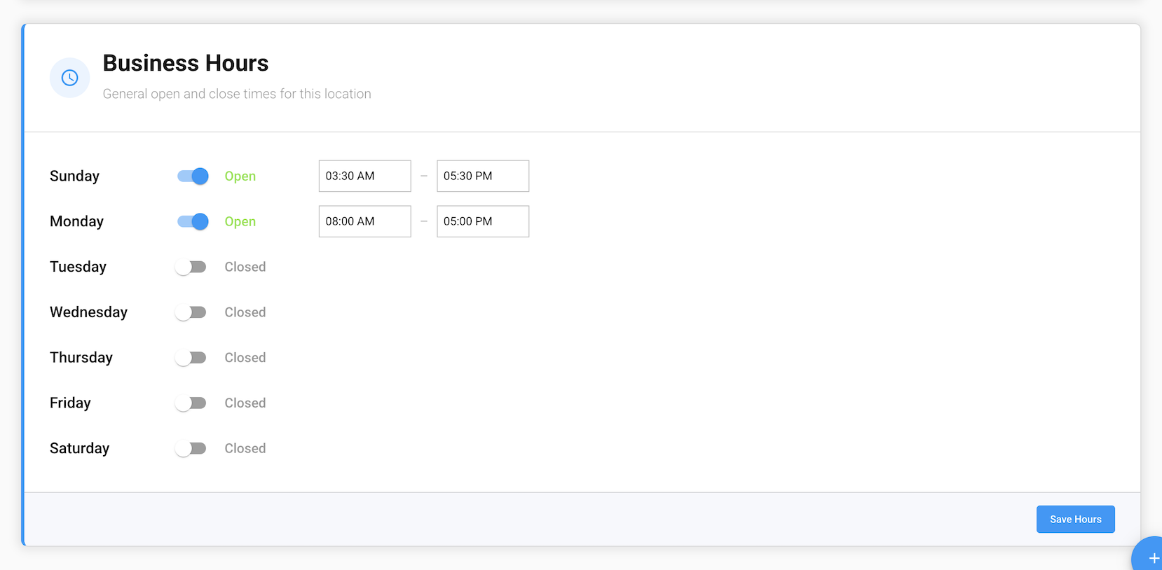 The Business Hours card in the GrubStack Core dashboard, showing per-day open/close toggles and time ranges