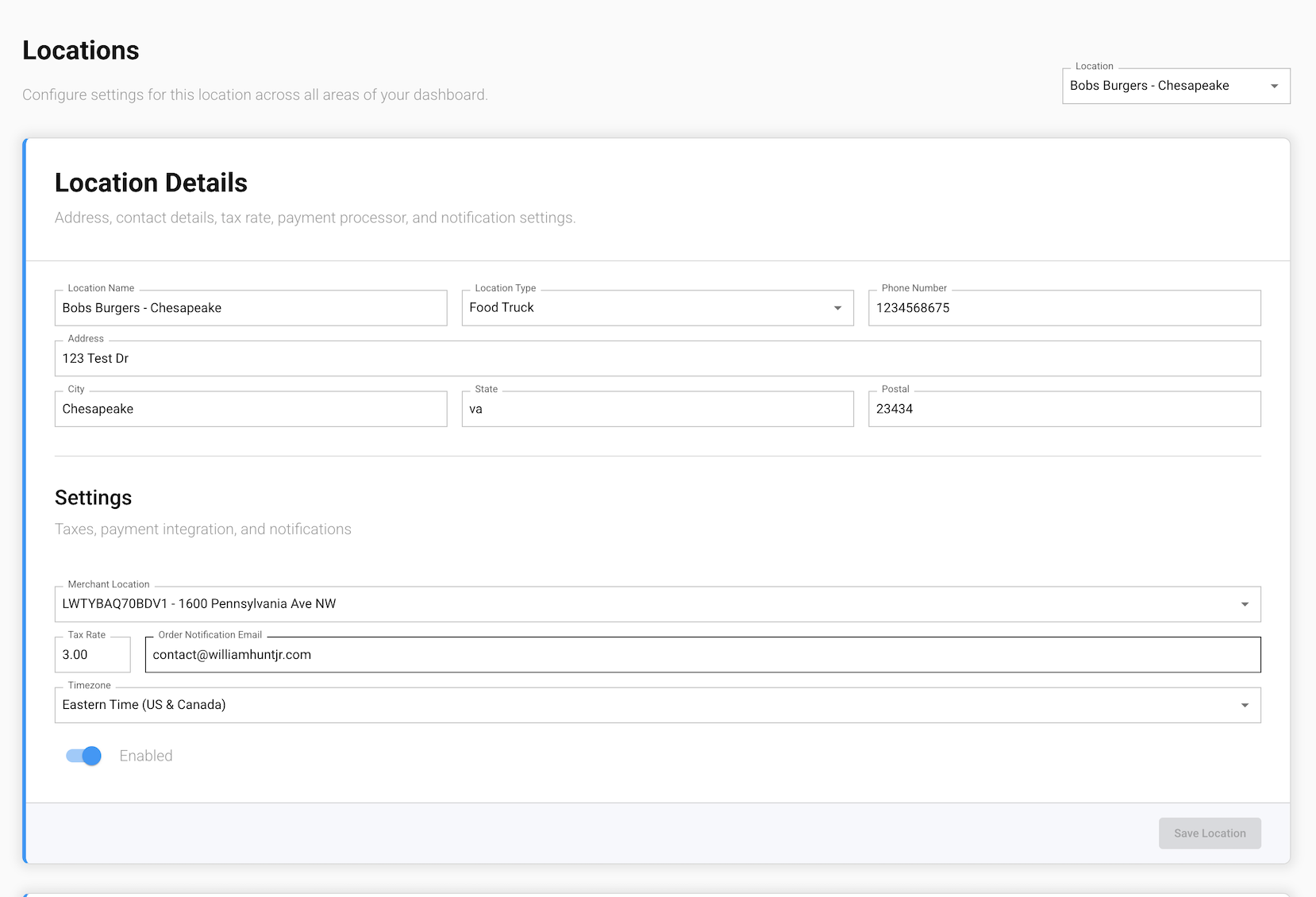 The Location Details screen in the GrubStack Core dashboard, showing name, address, tax rate, merchant location, and the Enabled toggle