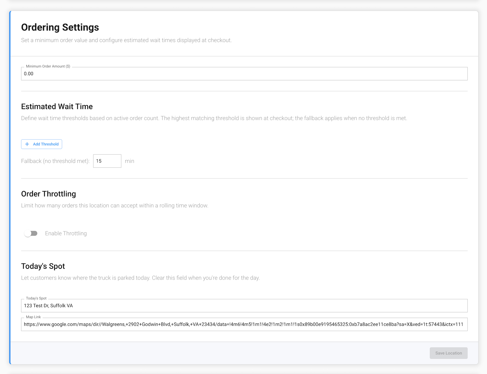 The Ordering Settings screen in the GrubStack Core dashboard, showing minimum order amount, estimated wait time thresholds, order throttling, and Today's Spot