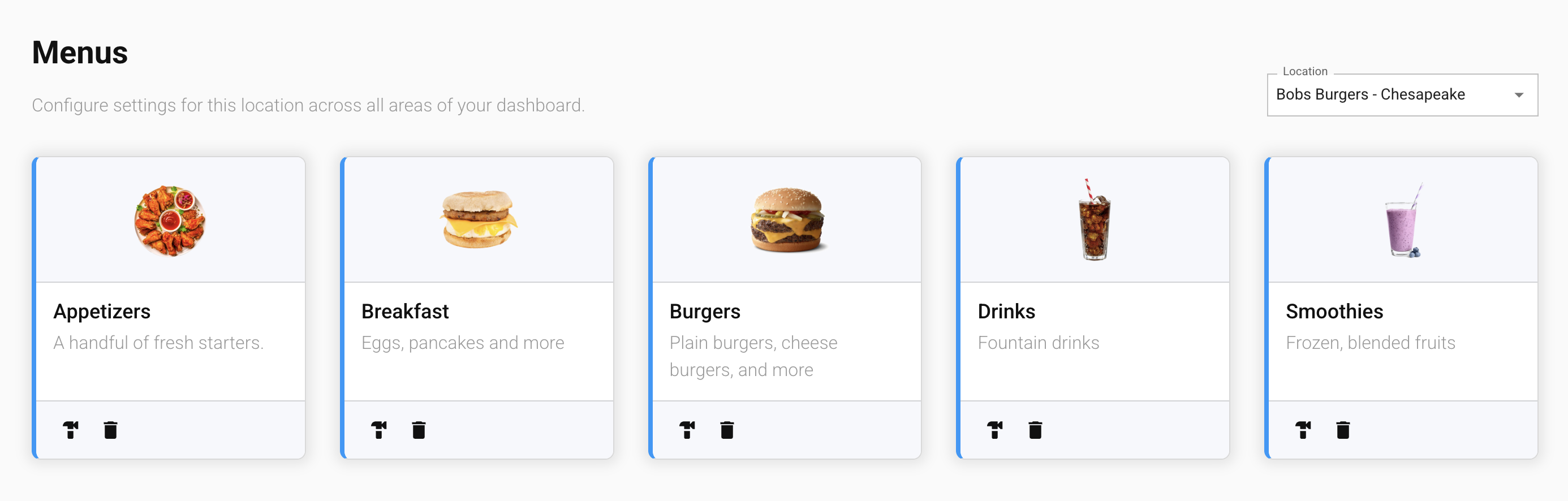 The Menus screen in the GrubStack Core dashboard, showing menus assigned to a location with Build and Delete actions on each card