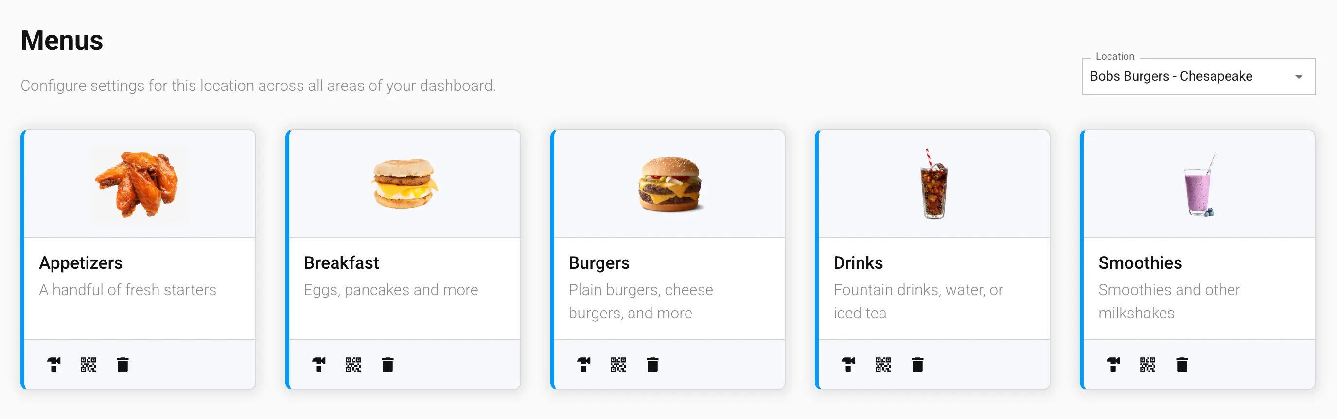 The Menus screen in the GrubStack Core dashboard, showing menus assigned to a location with Build and Delete actions on each card