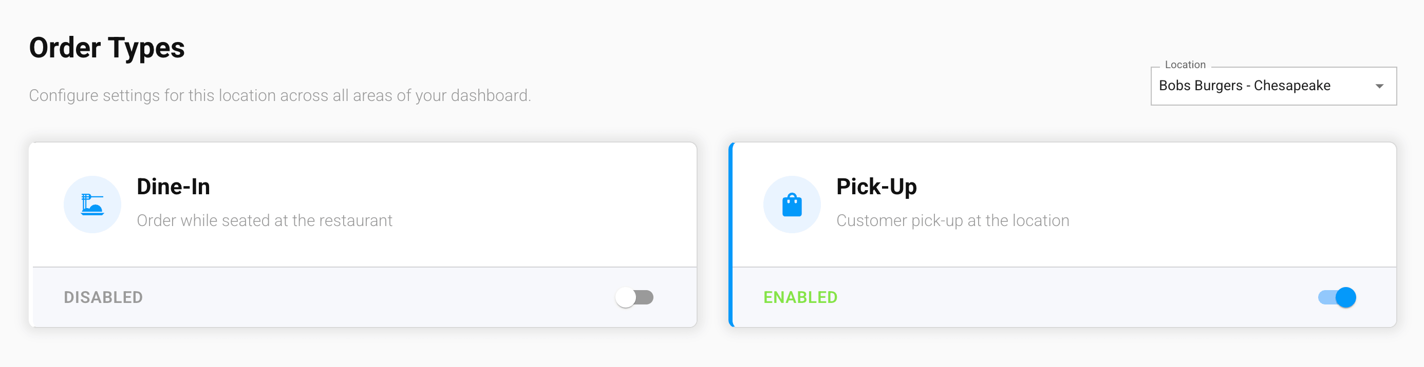 The Order Types screen in the GrubStack Core dashboard, showing Dine-In disabled and Pick-Up enabled