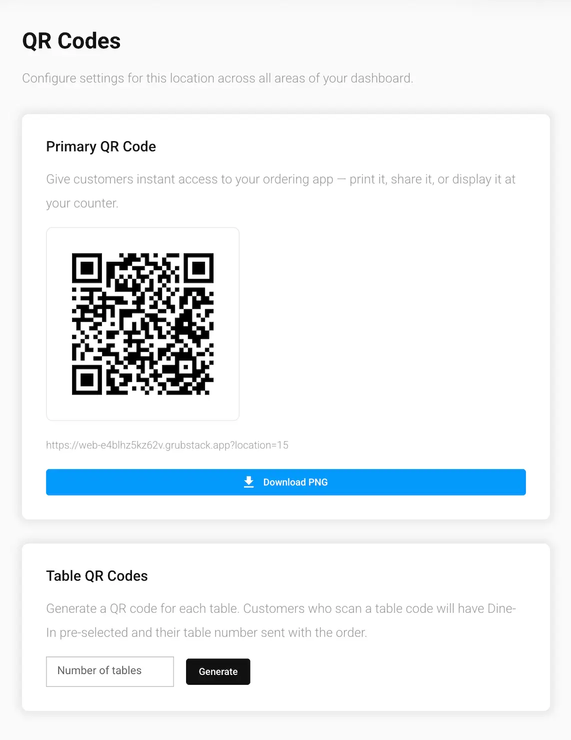 The QR Codes screen in the GrubStack Core dashboard, showing the Primary QR Code and Table QR Codes cards