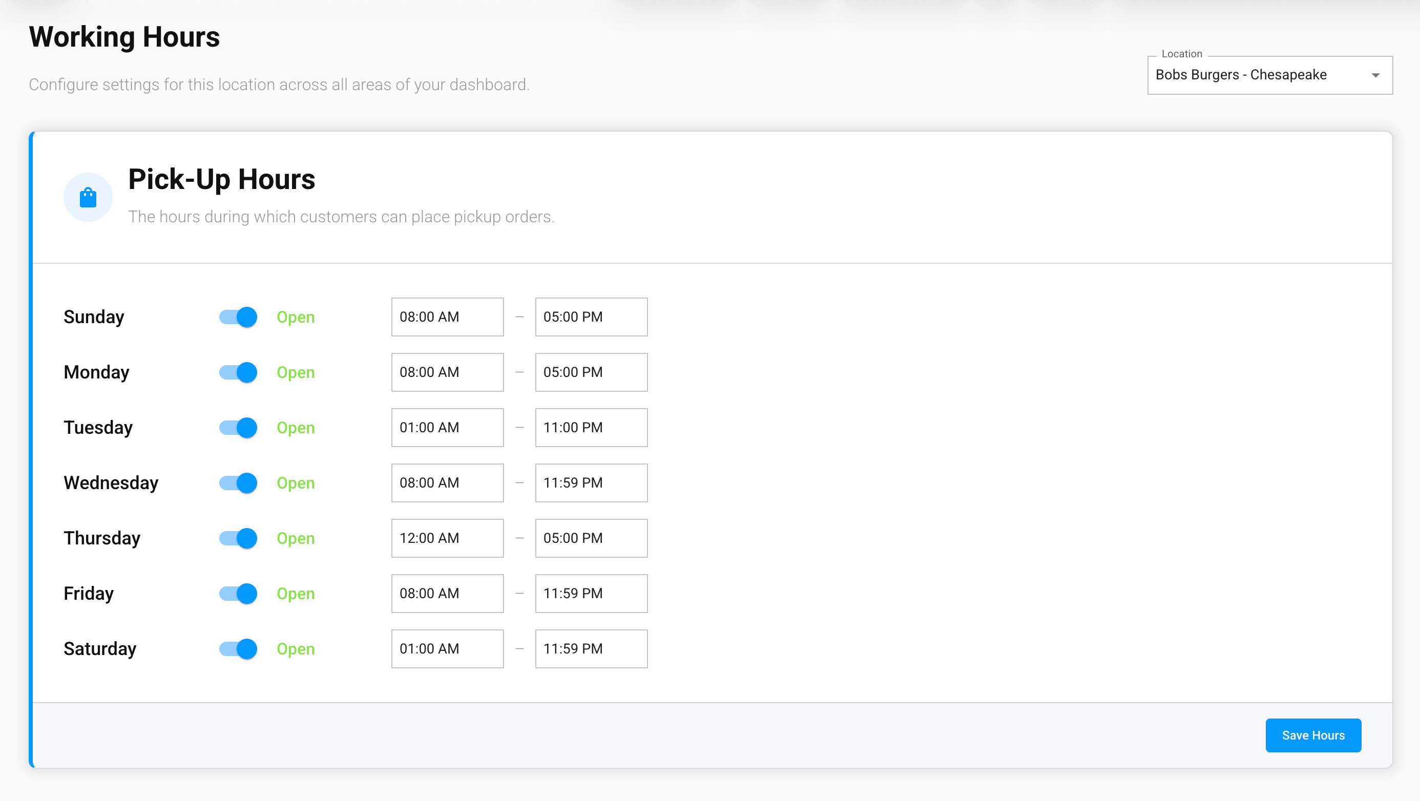 The Working Hours screen in the GrubStack Core dashboard, showing the Pick-Up Hours card with per-day open/close toggles and time ranges