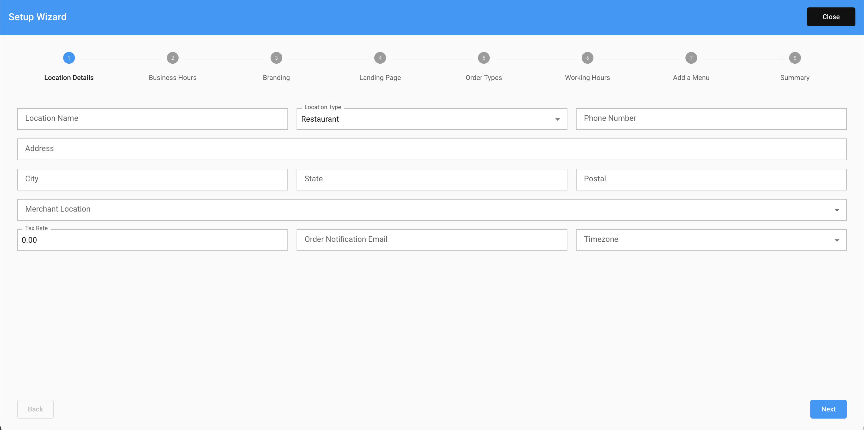 The Setup Wizard's first step, Location Details, showing the 8-step progress bar across the top