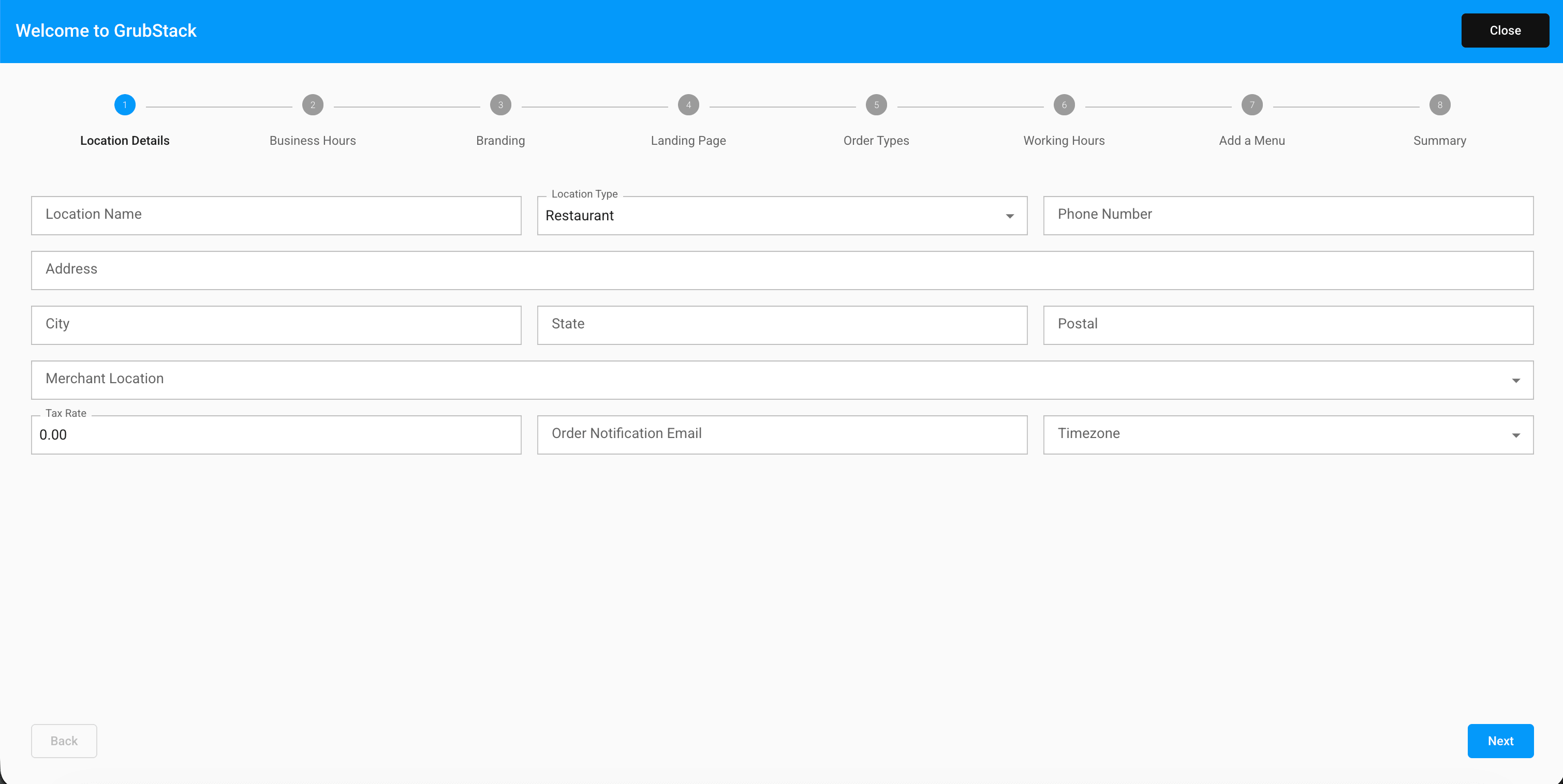 The Setup Wizard's first step, Location Details, showing the 8-step progress bar across the top
