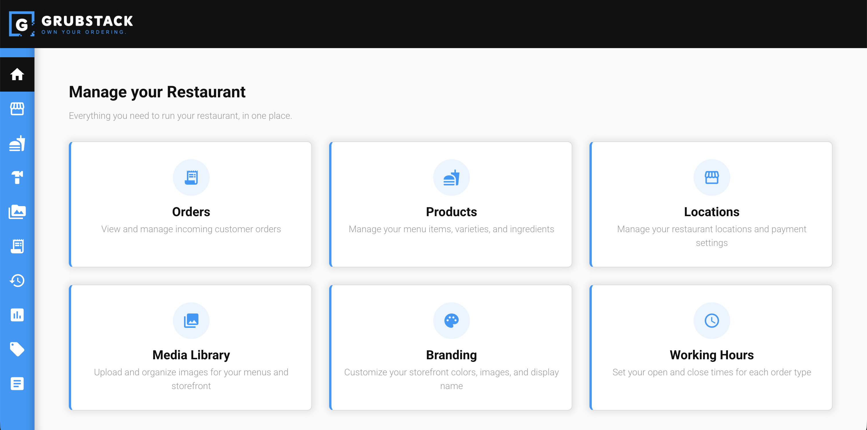 The GrubStack Core dashboard homepage, showing quick-access cards for Orders, Products, Locations, Media Library, Branding, and Working Hours