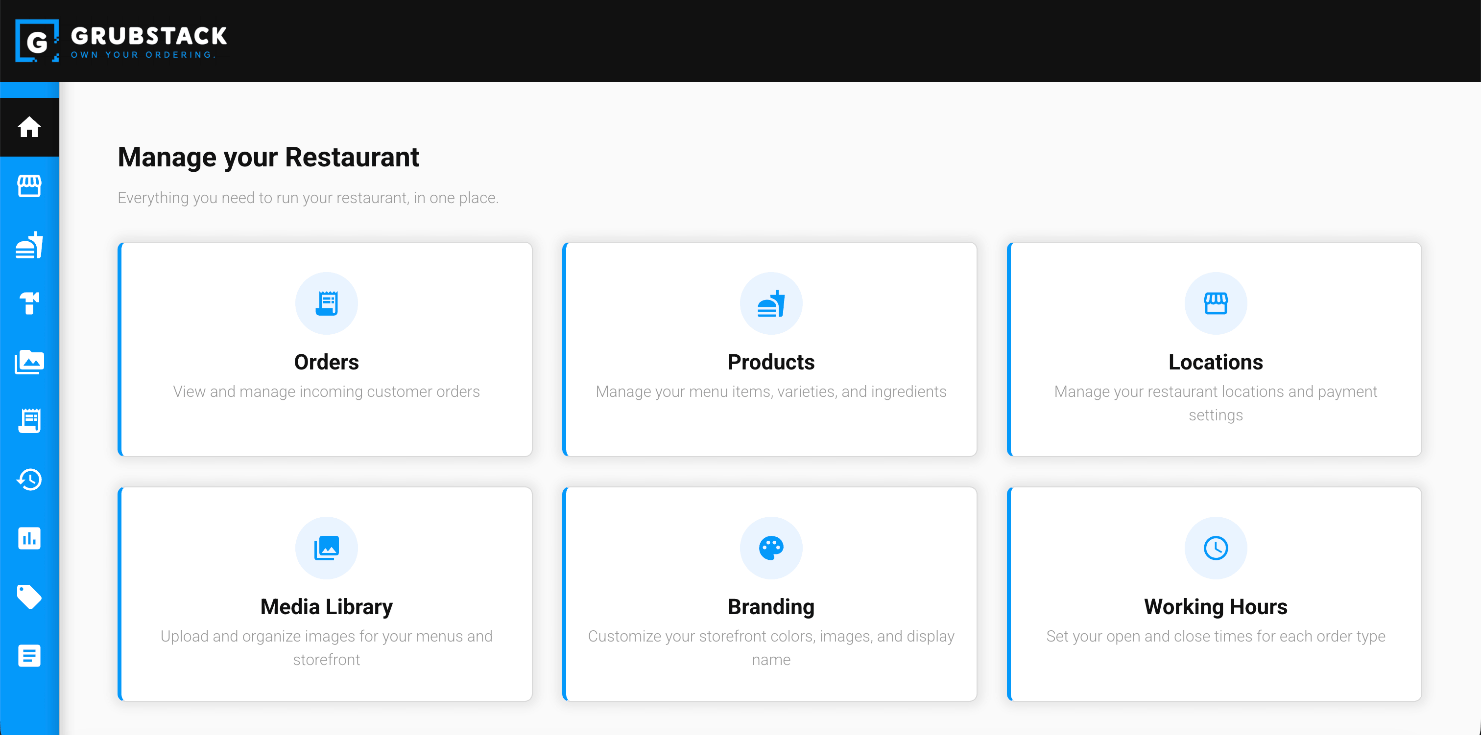 The GrubStack Core dashboard homepage, showing quick-access cards for Orders, Products, Locations, Media Library, Branding, and Working Hours