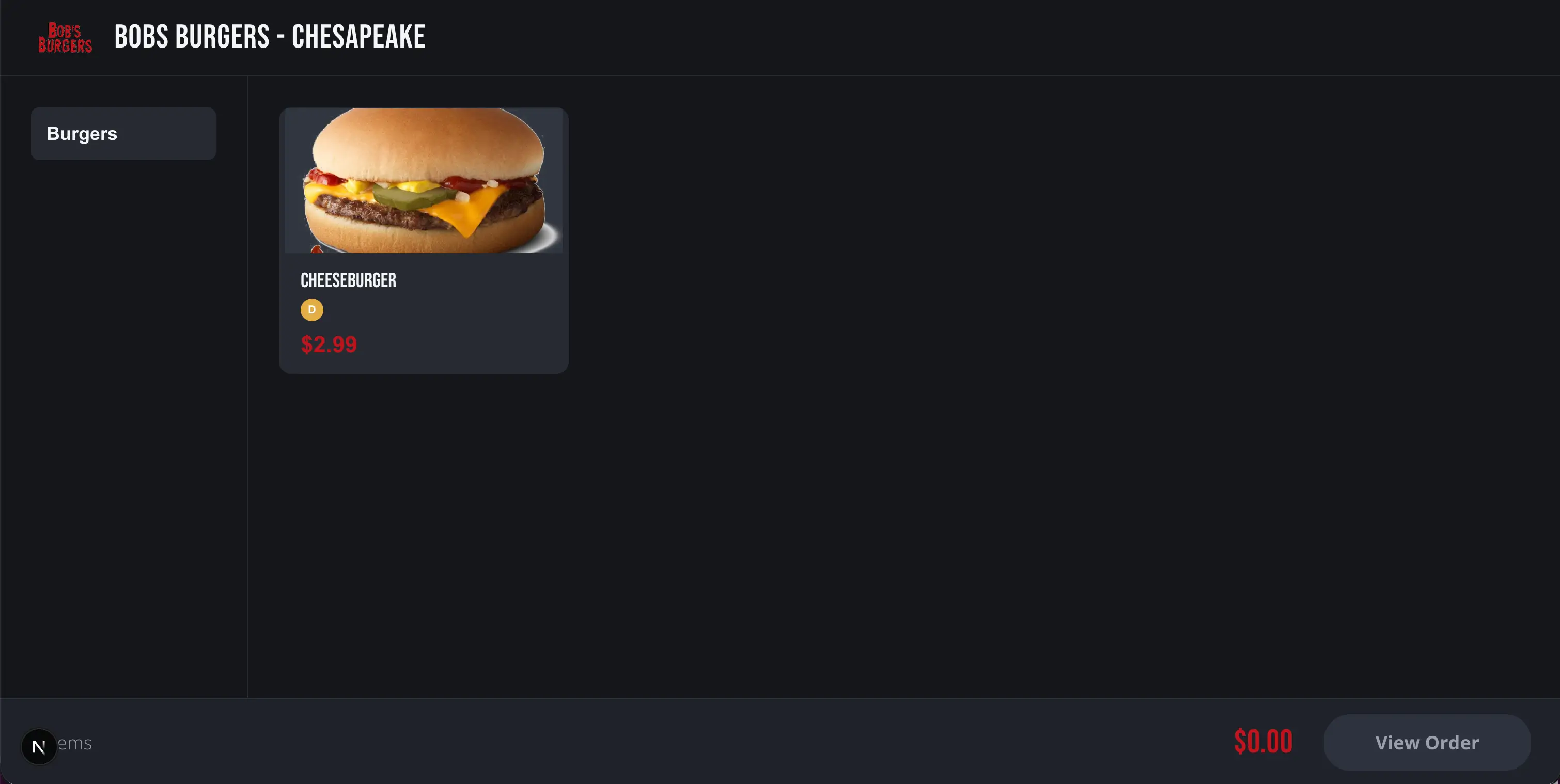 The GrubStack Kiosk ordering screen on a tablet, showing the menu and the running order total