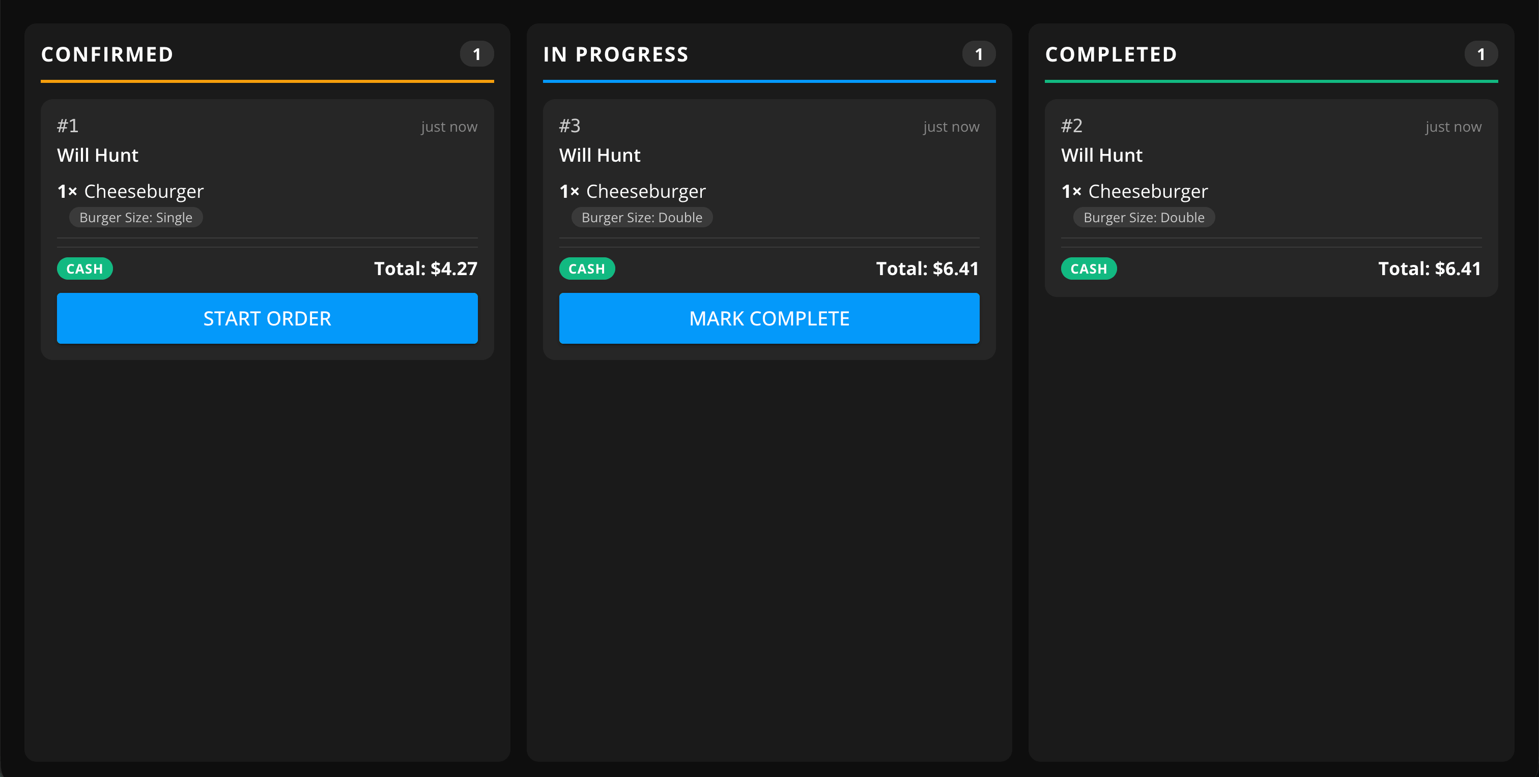 The GrubStack Terminal kitchen display, showing live incoming orders