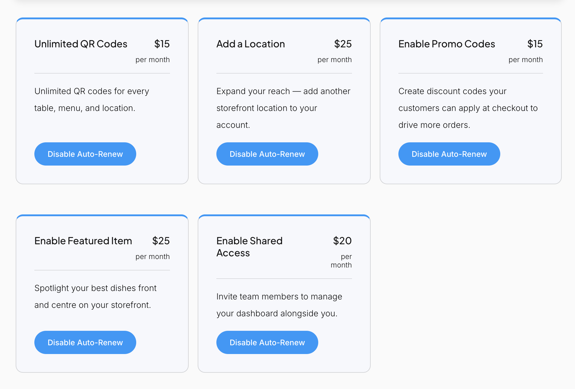 The Subscriptions screen in the GrubStack Core dashboard, showing available addons